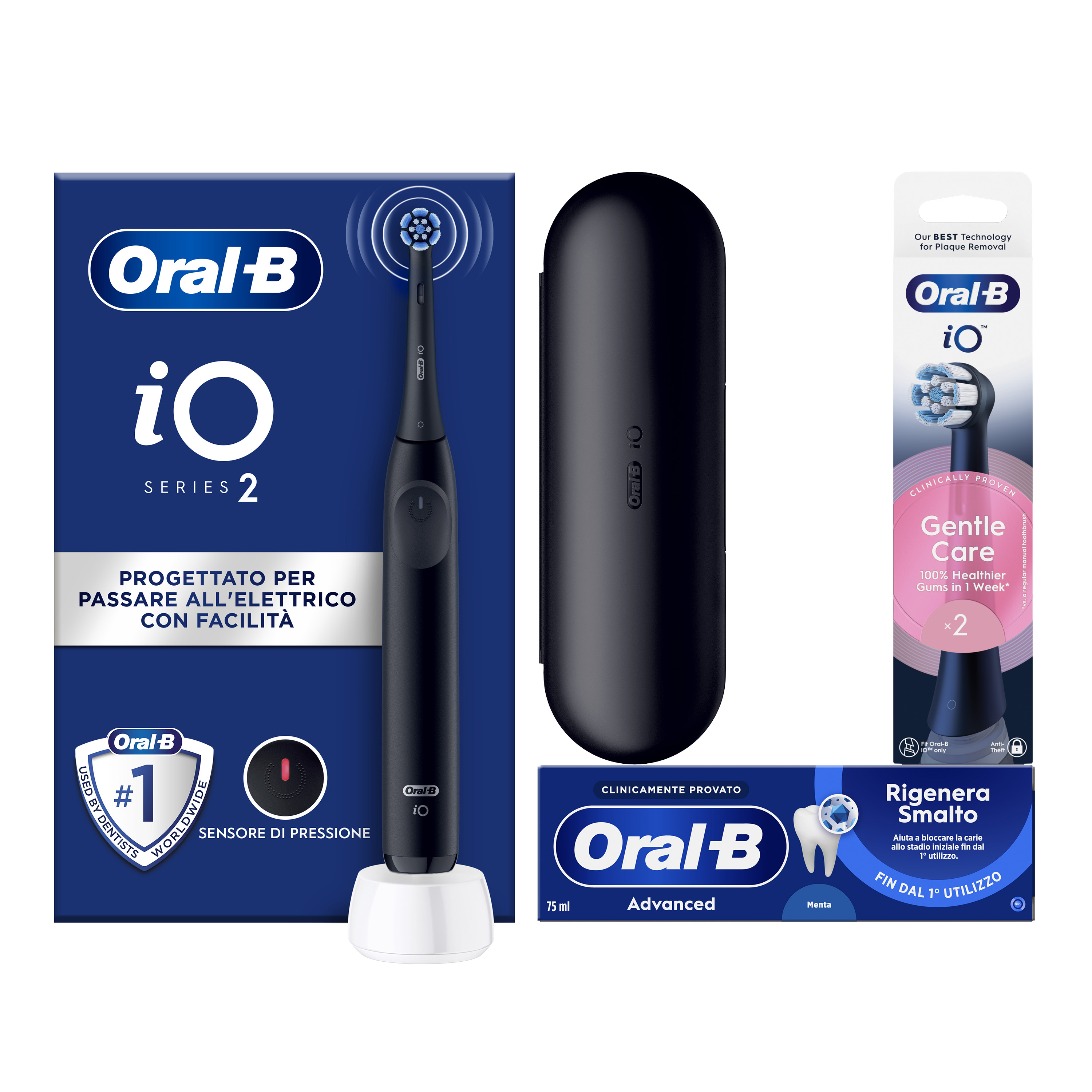 Oral-B Spazzolino Elettrico iO 2 Nero, 1 Testina + 2 di Ricambio, 1 Custodia Da Viaggio + Dentifricio Advanced Rigenera Smalto