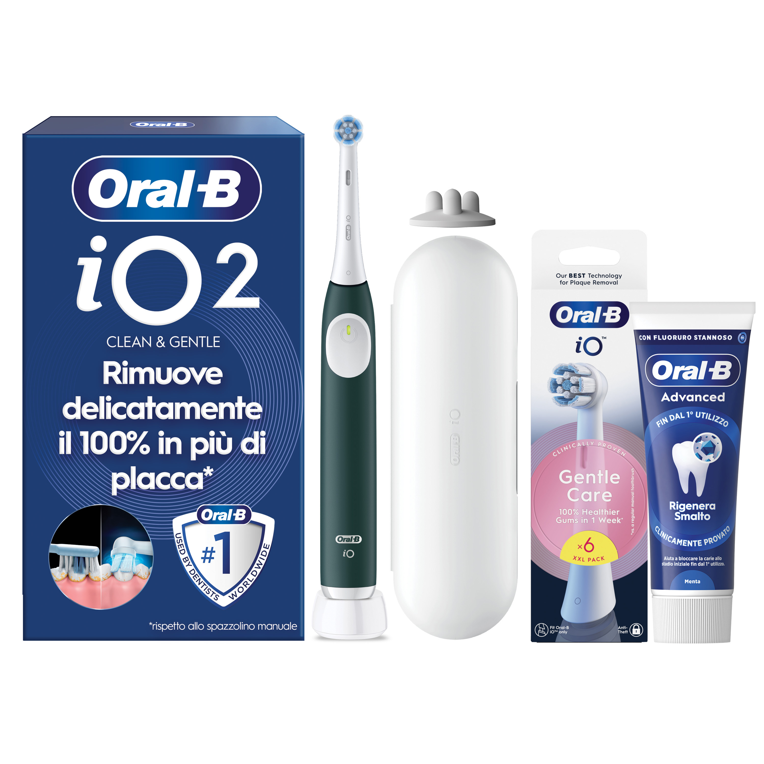 Oral-B Verde/Bianche Io 2 1 Testina, 1 Custodia Da Viaggio + 6 Testine Di Ricambio Io Ultimate Clean + Dentifricio Advanced Protezione Sensibilità - Immagine 19