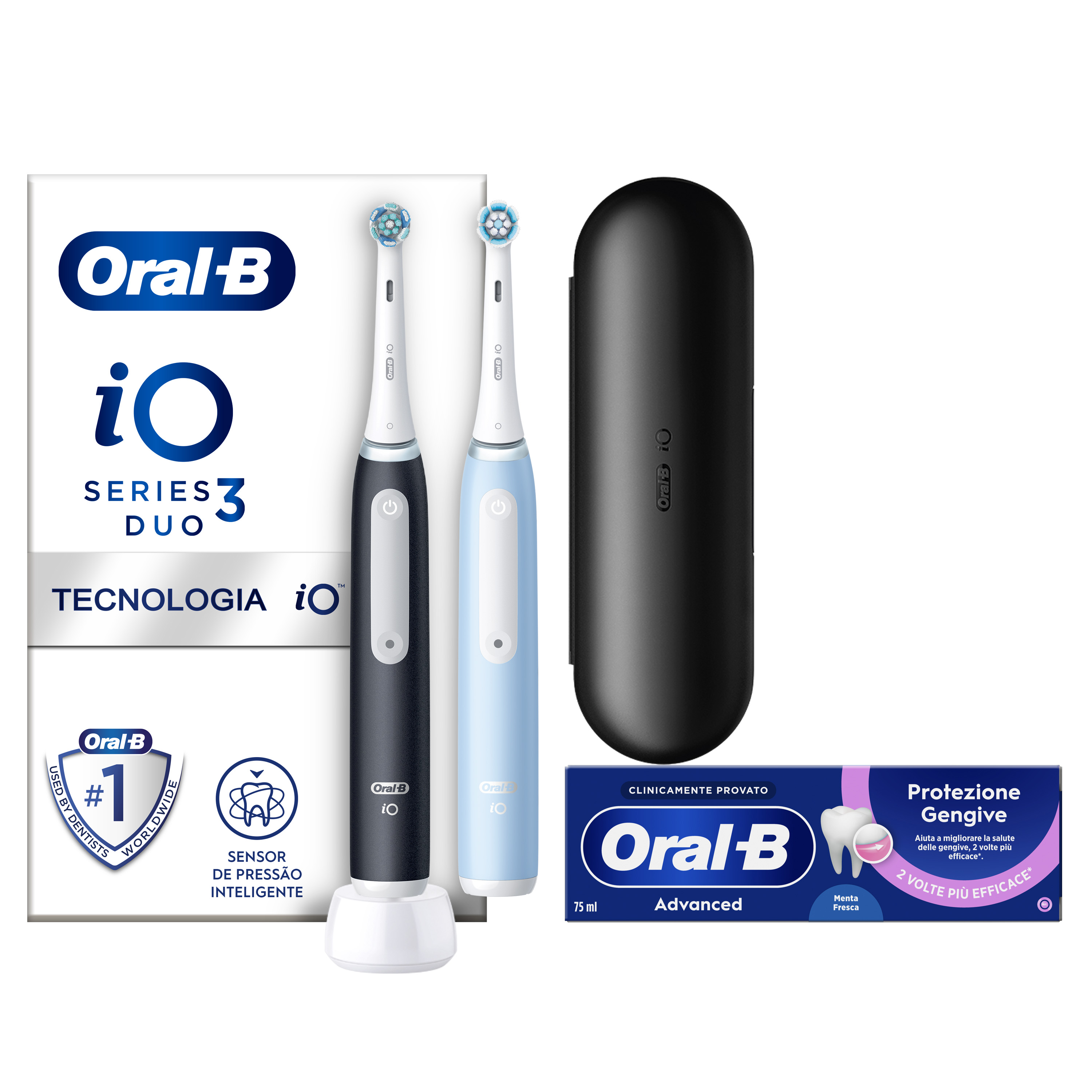 Oral-B Nero/Azzurro/Nere Io 3 Duo E 2 Testine, 1 Custodia Da Viaggio + 6 Testine Di Ricambio Io Ultimate Clean E Bianche + Dentifricio Advanced Prevenzione Tartaro - Immagine 12