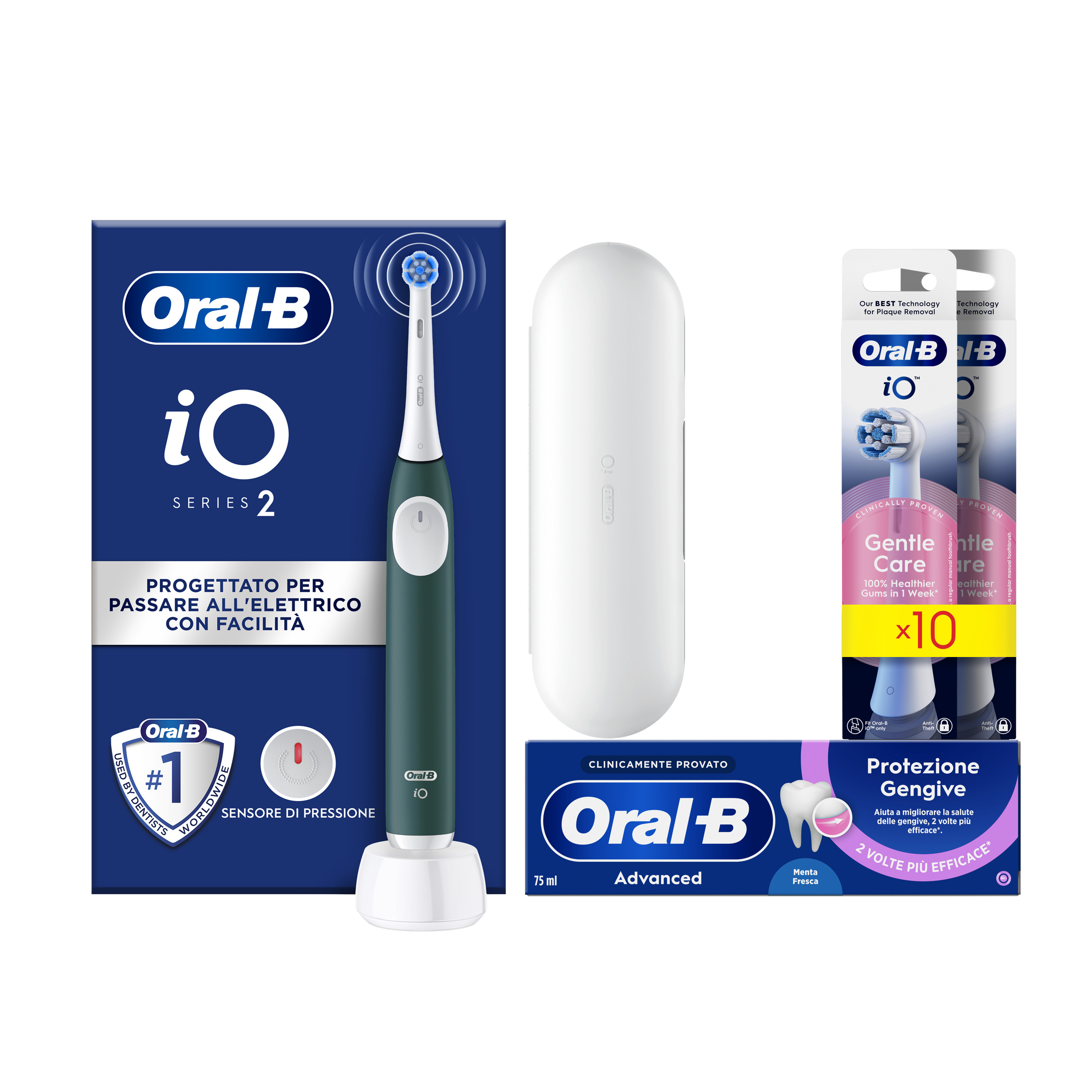 Oral-B Verde/Bianche Io 2 1 Testina, 1 Custodia Da Viaggio + 6 Testine Di Ricambio Io Ultimate Clean + Dentifricio Advanced Protezione Sensibilità - Immagine 48