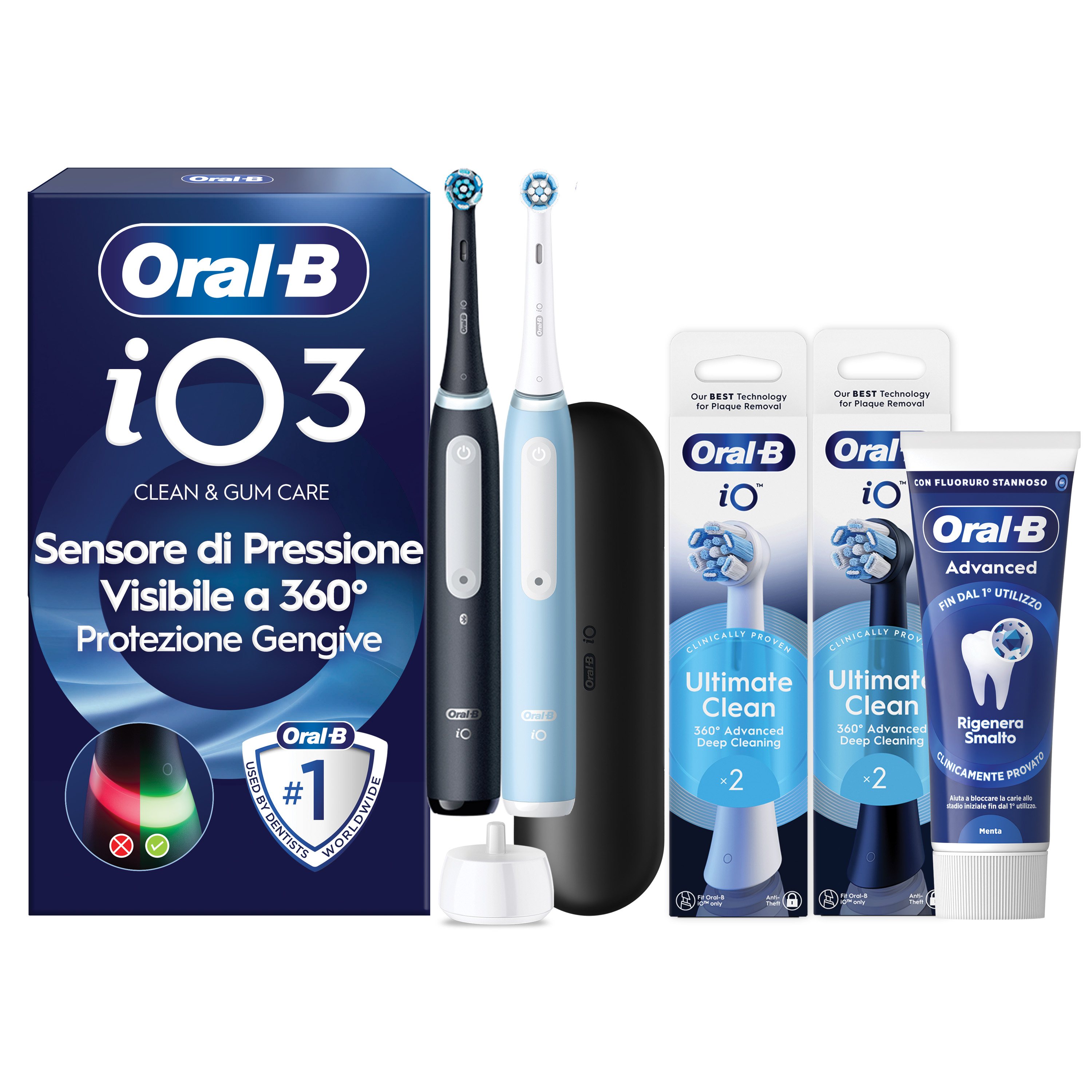 Oral-B Nero/Azzurro/Nere Io 3 Duo E 2 Testine, 1 Custodia Da Viaggio + 6 Testine Di Ricambio Io Ultimate Clean E Bianche + Dentifricio Advanced Prevenzione Tartaro - Immagine 7
