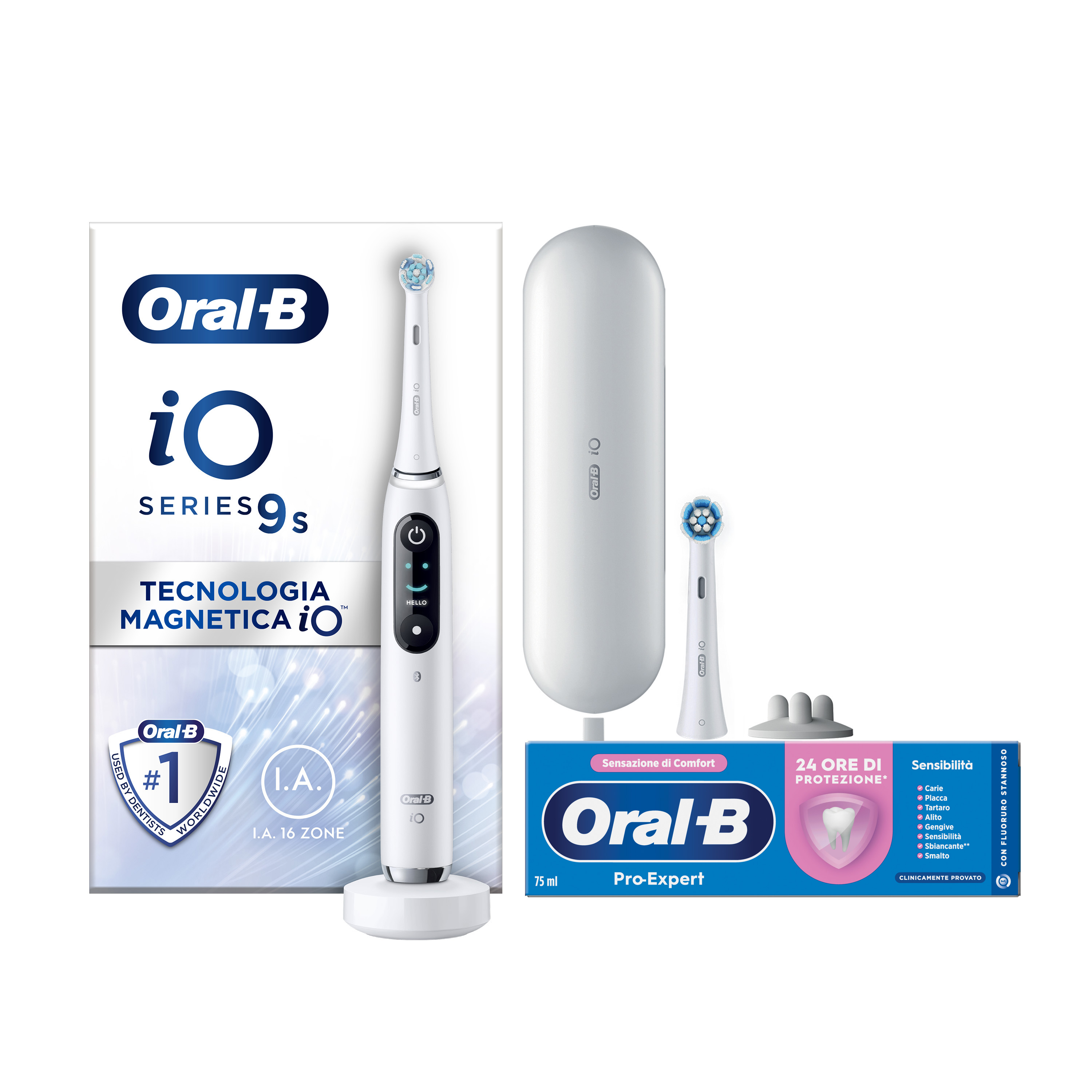 Oral-B Spazzolino Elettrico iO 9 Bianco, 2 Testine, 1 Custodia Da Viaggio + Dentifricio Pro-Expert Sensibilità