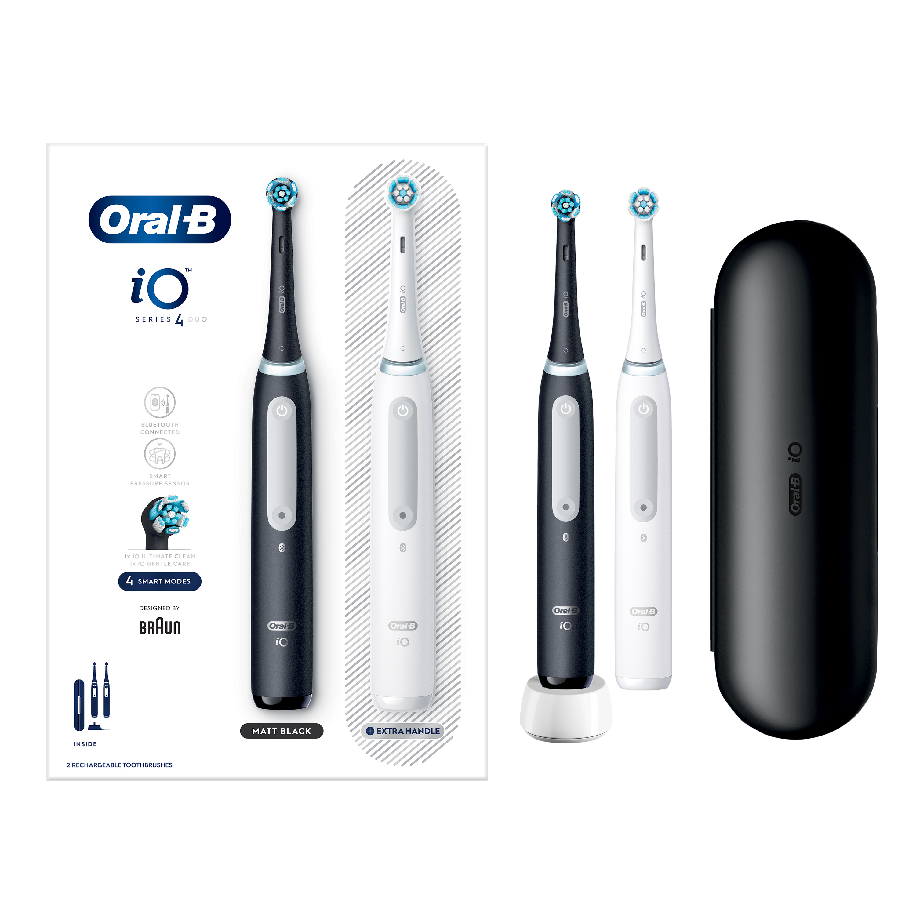 Oral-B Spazzolino Elettrico Ricaricabile iO 4 Nero e Bianco, 2 Testine Di Ricambio, 1 Custodia Da Viaggio, Confezione Doppia. 2 Spazzolini
