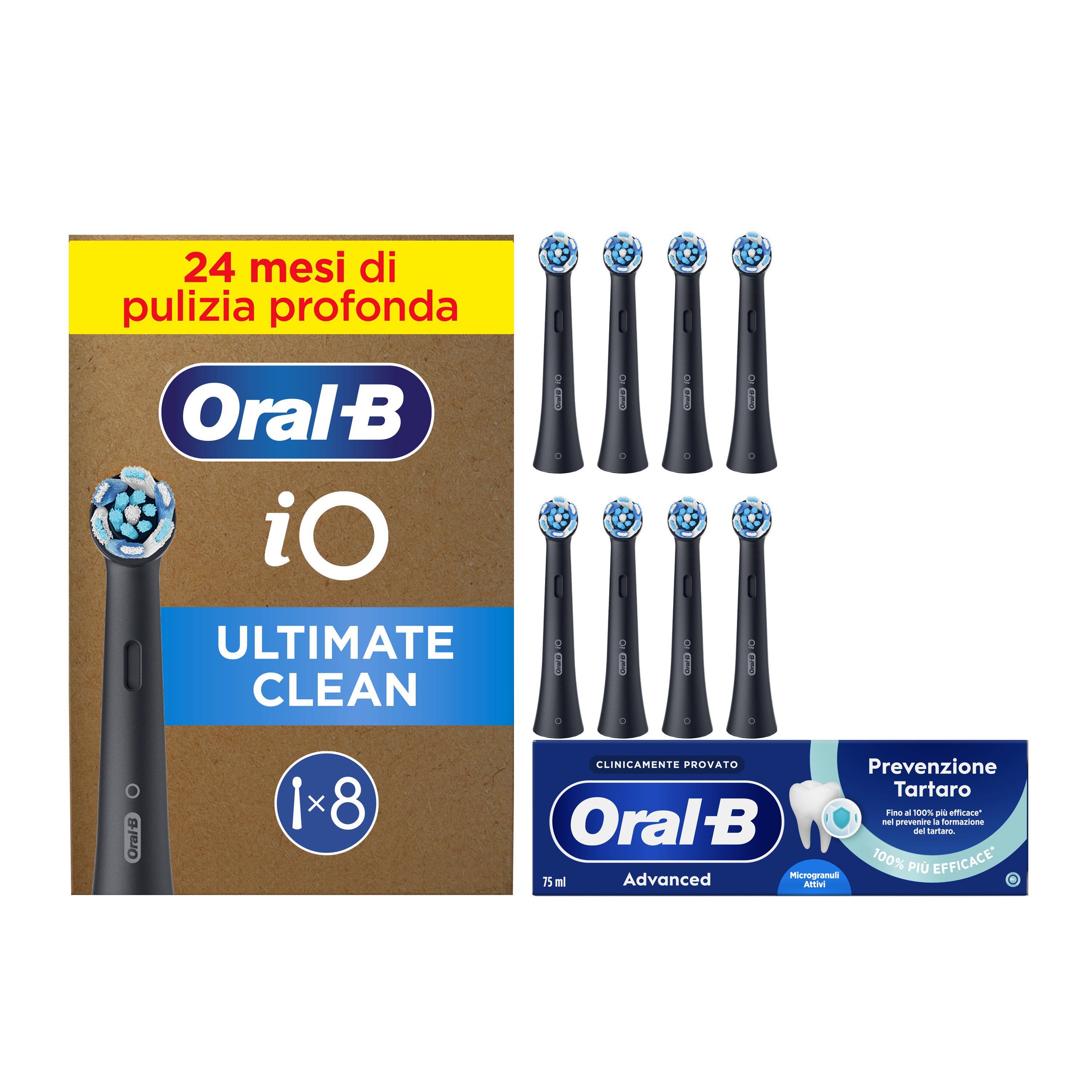 Oral-B Testine di Ricambio iO Ultimate Clean Nere, Confezione da 8 Testine + Dentifricio Advanced Prevenzione Tartaro