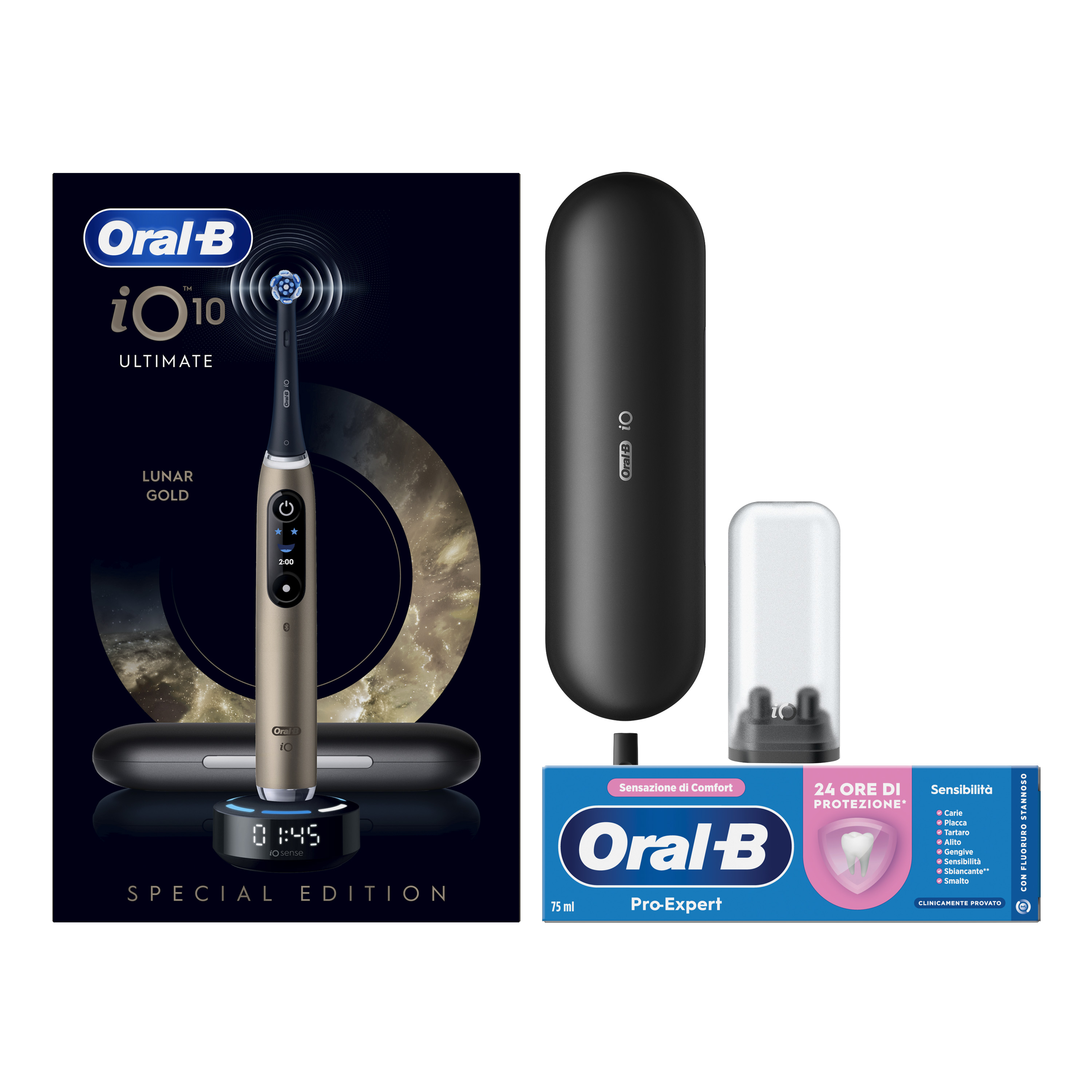 Oral-B Spazzolino Elettrico iO 10 Gold Special Edition, 1 Testina, 1 Custodia Da Viaggio + Dentifricio Pro-Expert Sensibilità