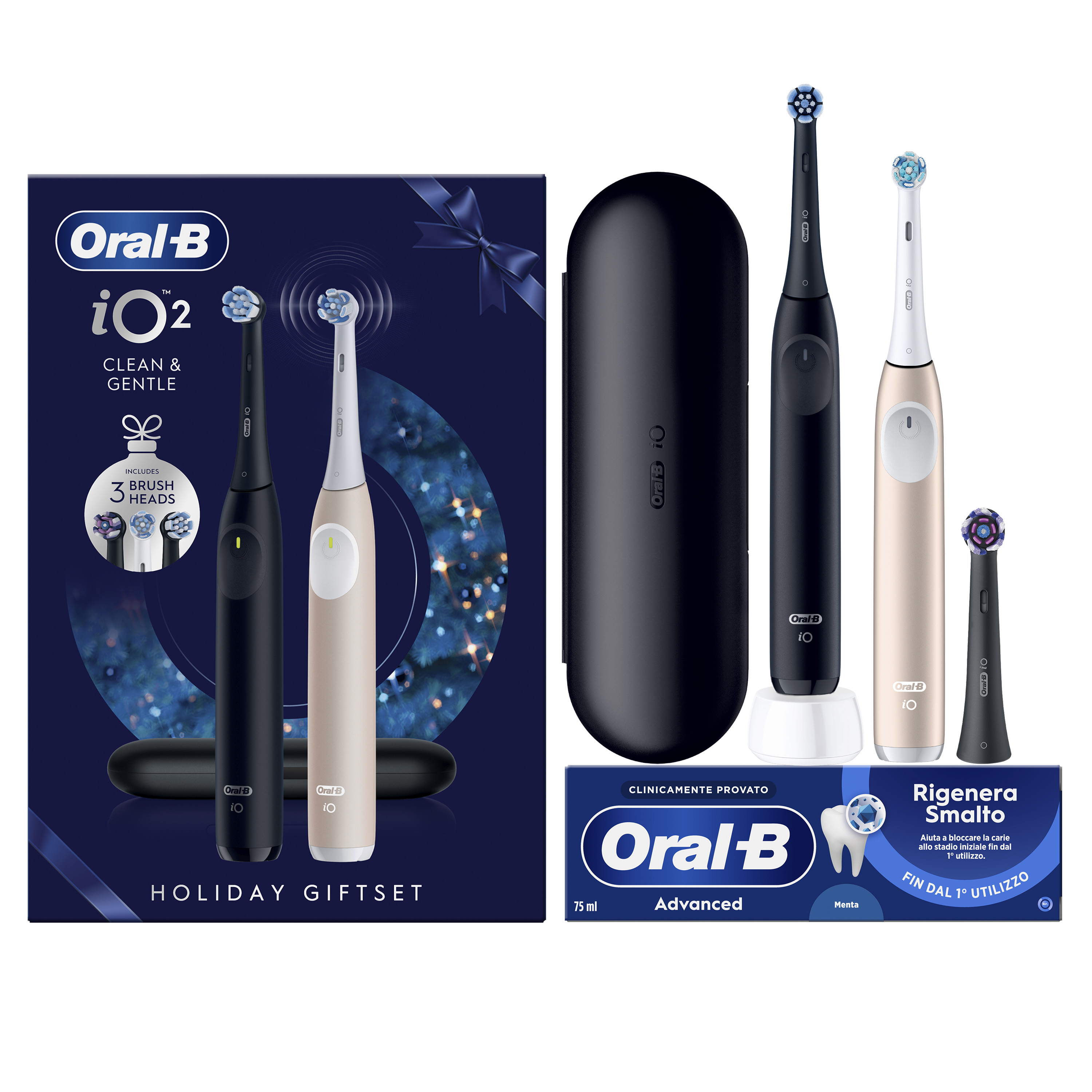 Oral-B Spazzolino Elettrico Duo Pack iO 2 Nero e Rosa Giftpack Special Edition, 3 Testine, 1 Custodia Da Viaggio + Dentifricio Advanced Rigenera Smalt