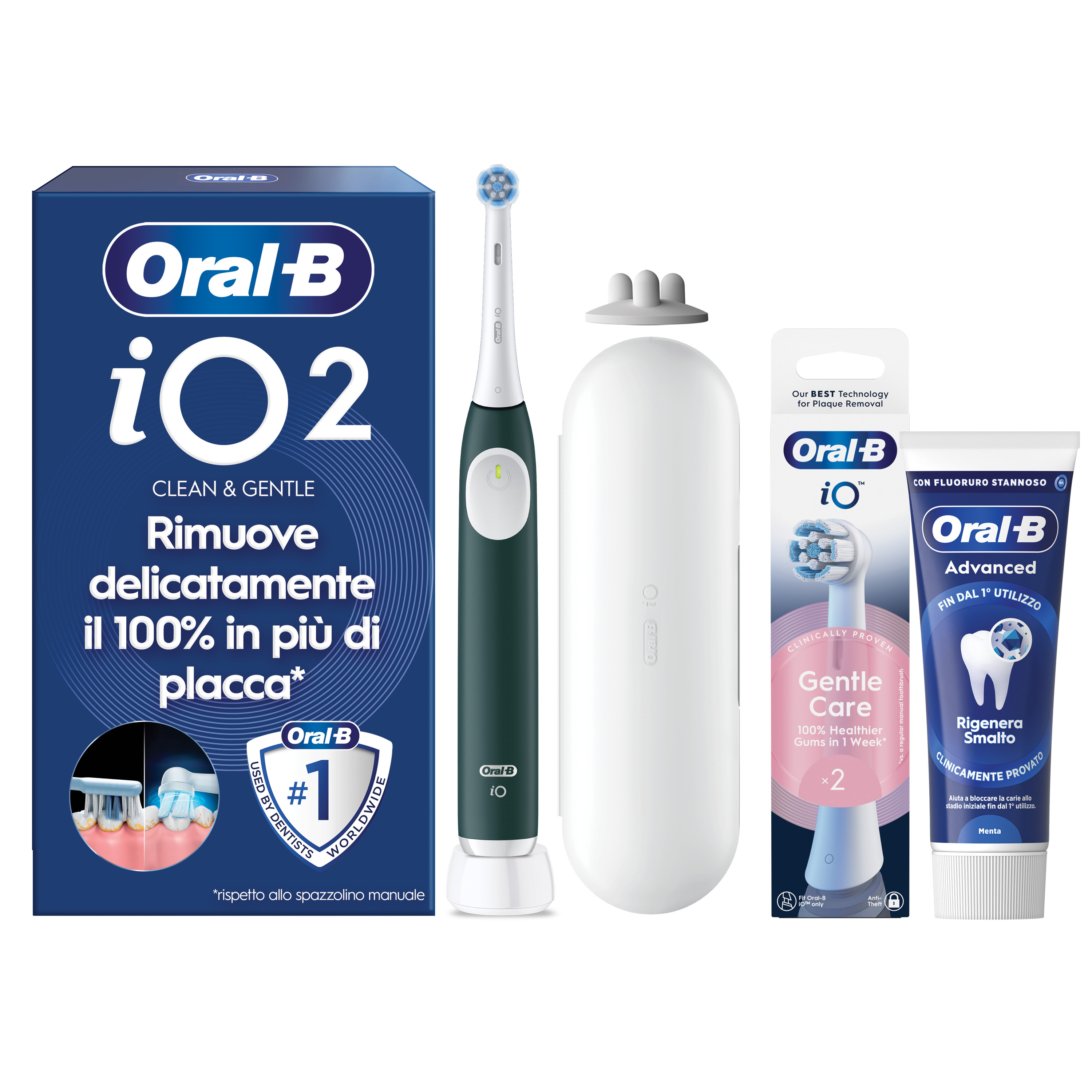 Oral-B Verde/Bianche Io 2 1 Testina, 1 Custodia Da Viaggio + 6 Testine Di Ricambio Io Ultimate Clean + Dentifricio Advanced Protezione Sensibilità - Immagine 15