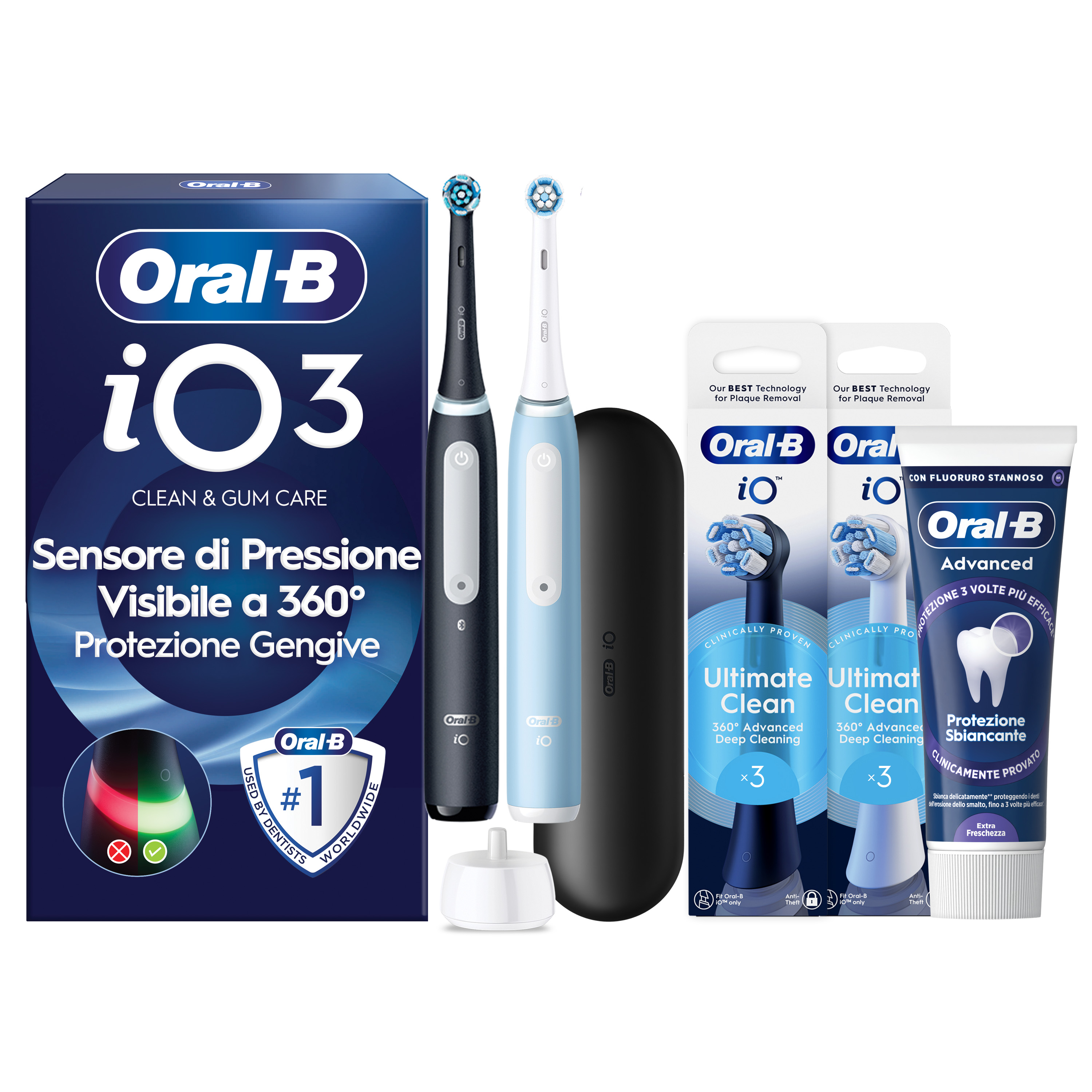 Oral-B Nero/Azzurro/Nere Io 3 Duo E 2 Testine, 1 Custodia Da Viaggio + 6 Testine Di Ricambio Io Ultimate Clean E Bianche + Dentifricio Advanced Prevenzione Tartaro - Immagine 20