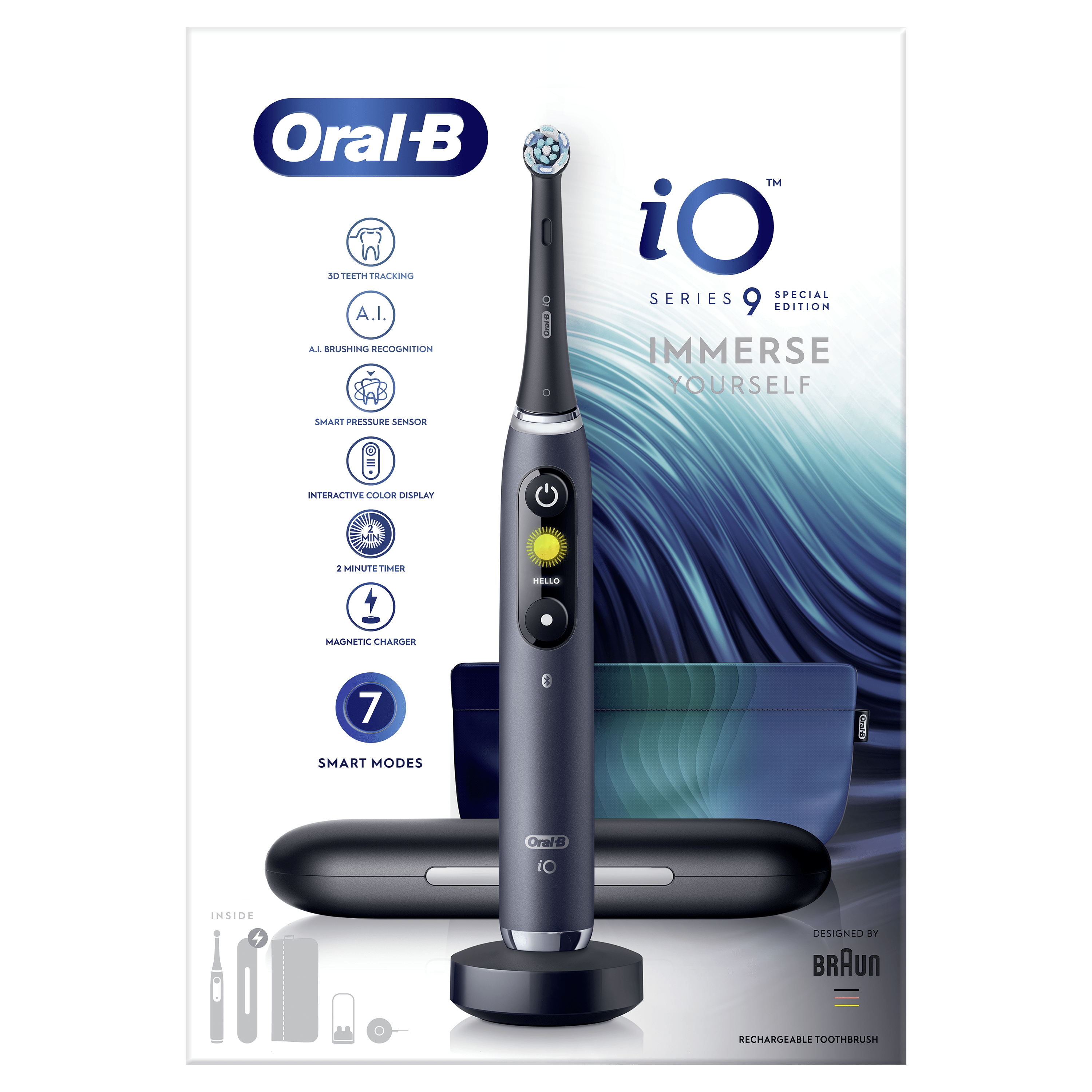 Oral-B Spazzolino Elettrico Ricaricabile iO 9 Nero Edizione Speciale, 1 Testina Di Ricambio, 1 Custodia Da Viaggio, 1 Astuccio Magnetico. 1 Spazzolino