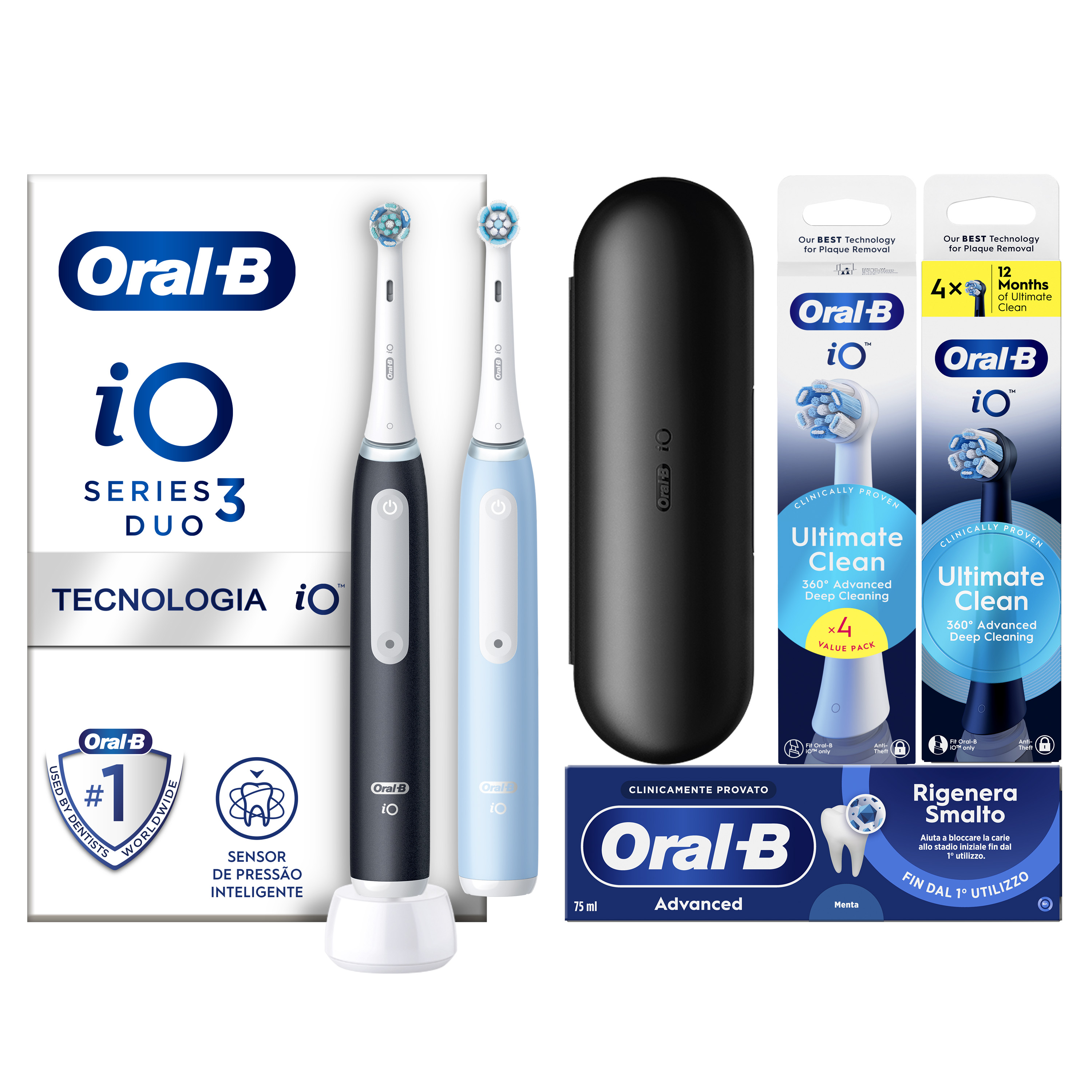 Oral-B iO 3 Duo Nero e Azzurro, 2 Testine, 1 Custodia Da Viaggio + 8 Testine di Ricambio iO Ultimate Clean Nere e Bianche + Dentifricio Advanced Rigen