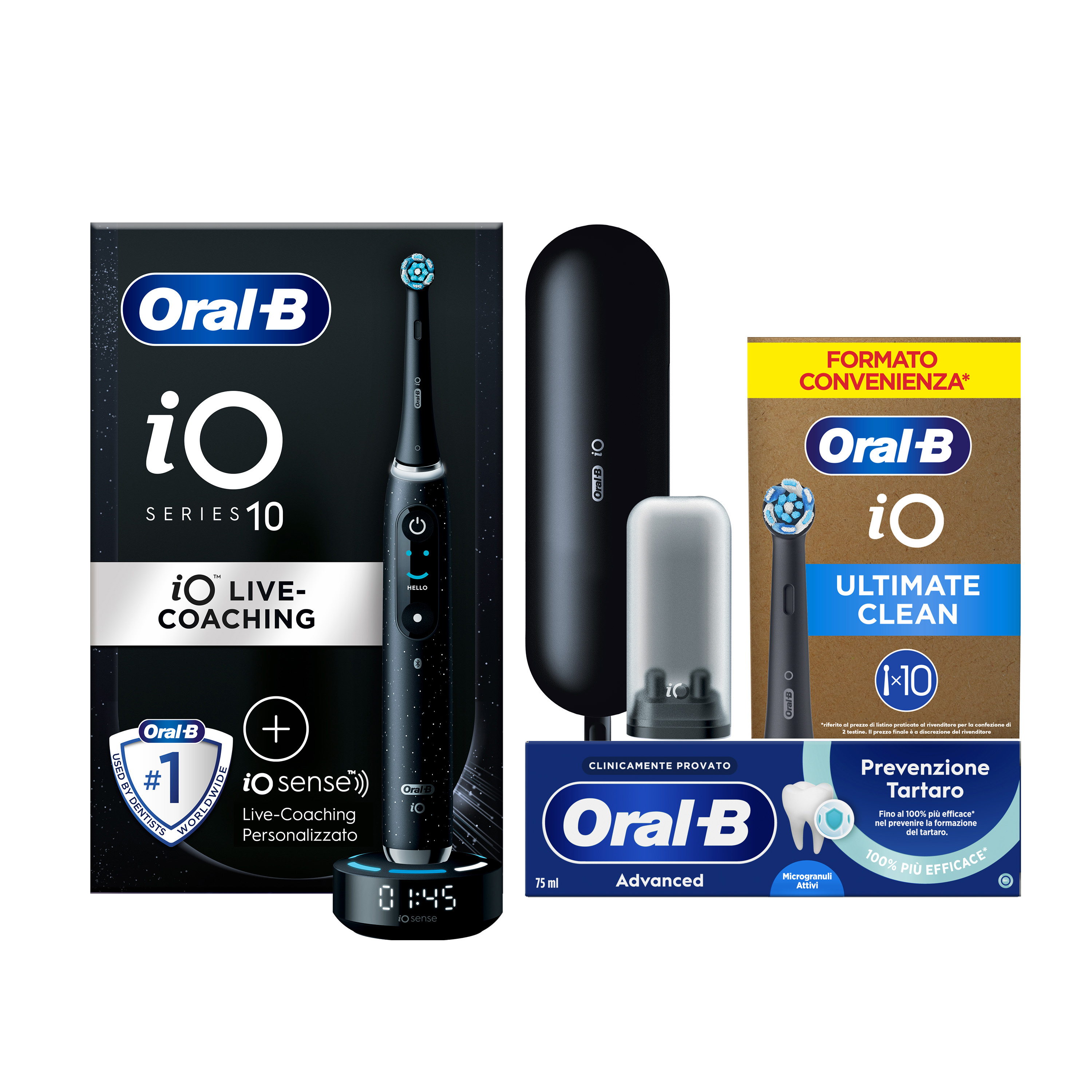 Oral-B Spazzolino Elettrico iO 10 Nero, 1 Testina + 6 di Ricambio, 1 Custodia Da Viaggio + Dentifricio Advanced Prevenzione Tartaro