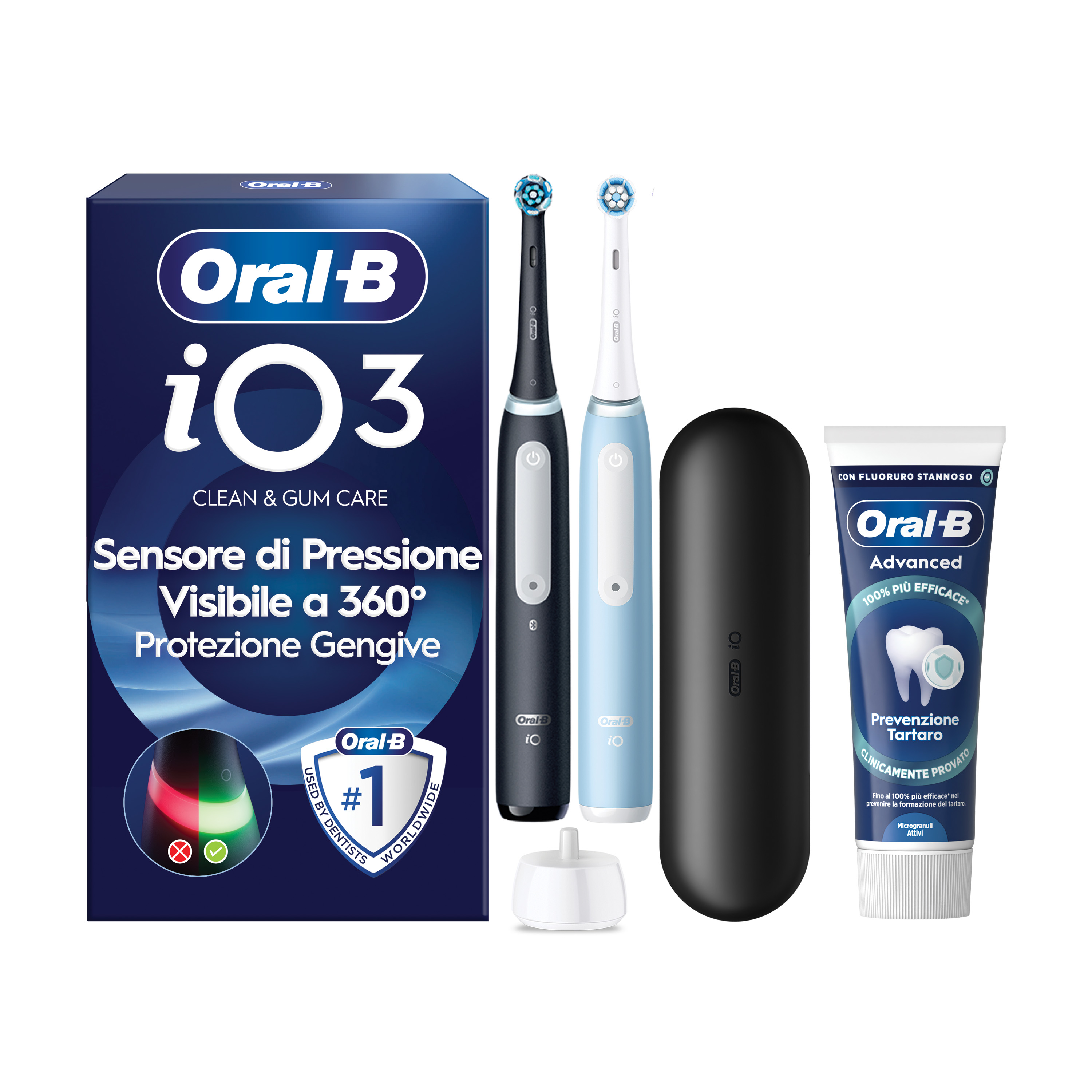Oral-B Nero/Azzurro/Nere Io 3 Duo E 2 Testine, 1 Custodia Da Viaggio + 6 Testine Di Ricambio Io Ultimate Clean E Bianche + Dentifricio Advanced Prevenzione Tartaro - Immagine 16