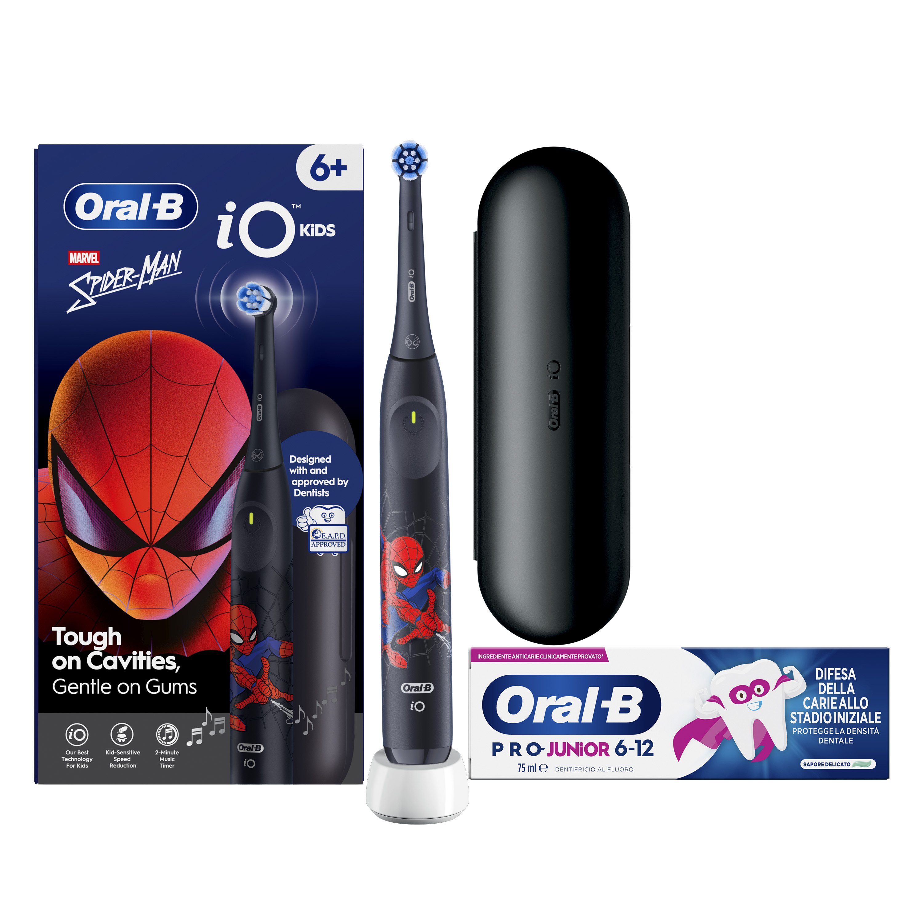 Oral-B Spazzolino Elettrico iO Kids Spiderman Disney, 1 Testina, 1 Custodia Da Viaggio + Dentifricio Oral-B Pro Junior (6-12 anni)