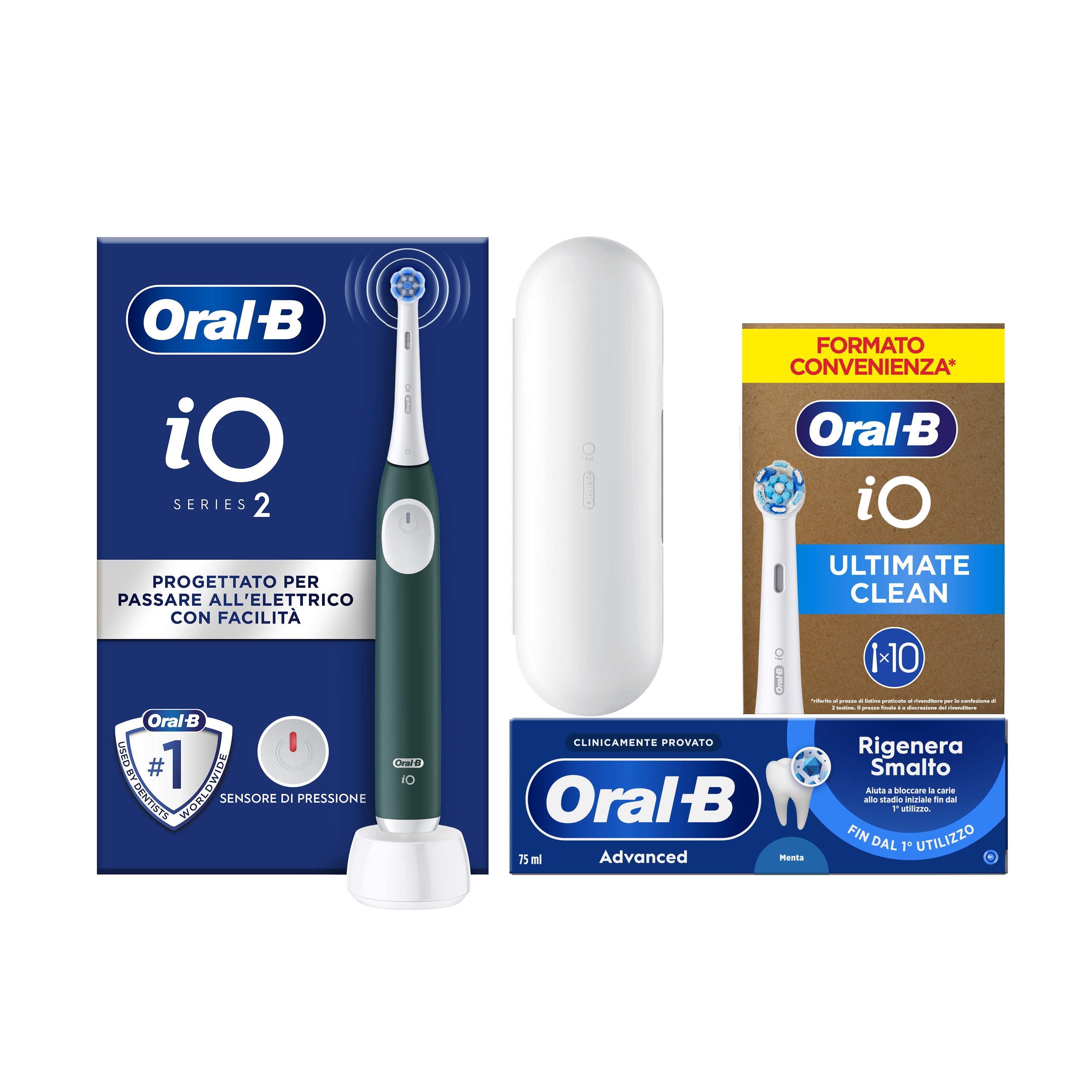 Oral-B Verde/Bianche Io 2 1 Testina, 1 Custodia Da Viaggio + 6 Testine Di Ricambio Io Ultimate Clean + Dentifricio Advanced Protezione Sensibilità - Immagine 47