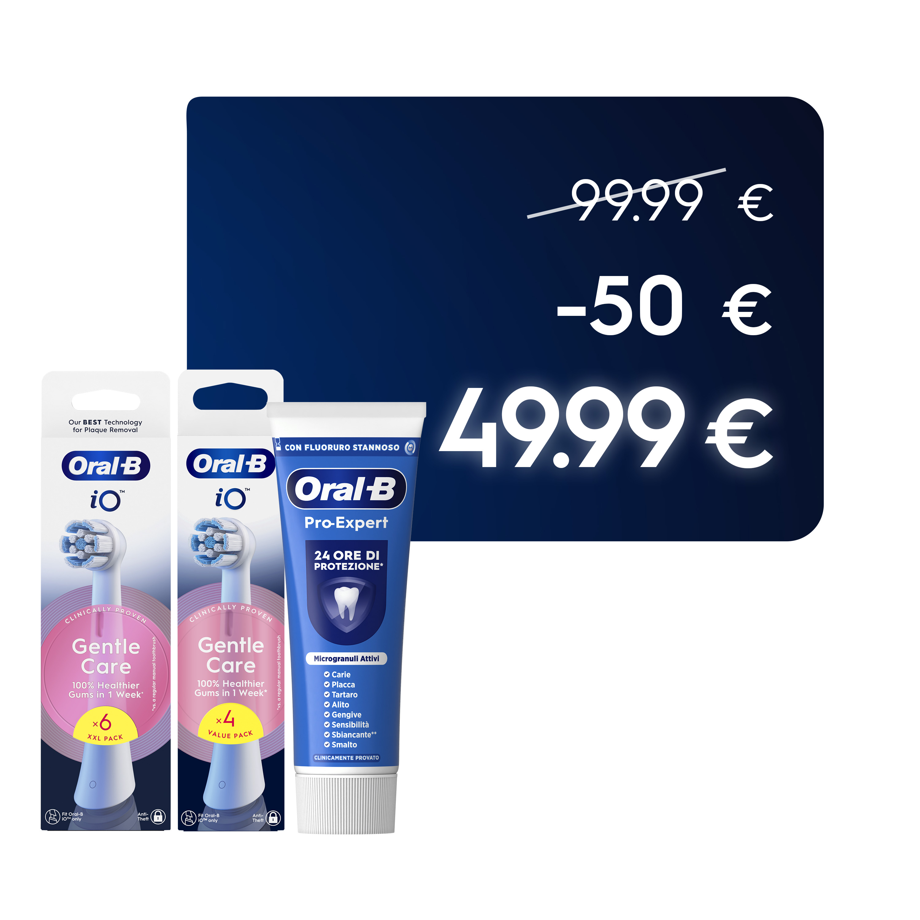 Oral-B Testine iO Gentle Care Bianche, 10 Testine + Dentifricio Pro-Expert