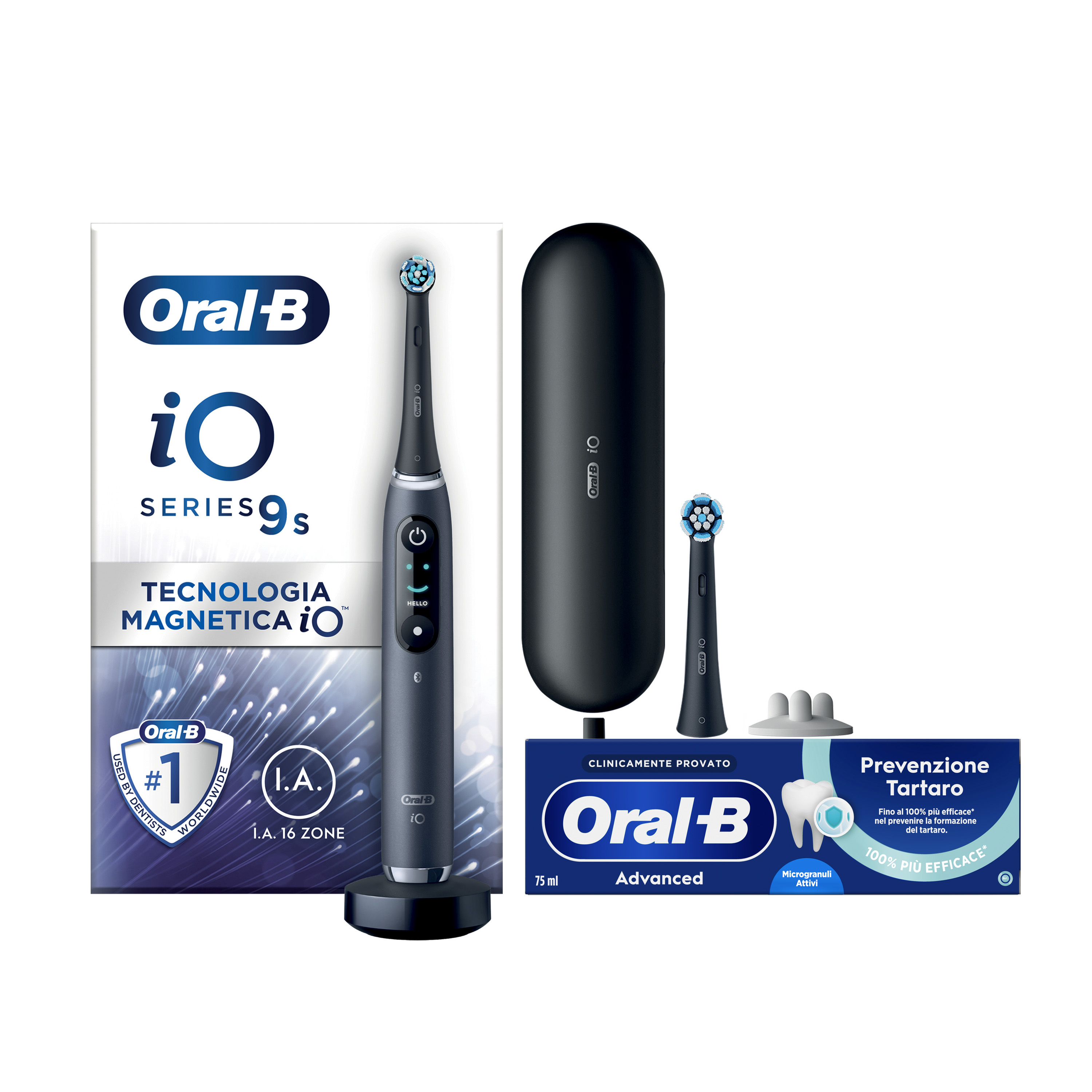 Oral-B Spazzolino Elettrico iO 9 Nero, 2 Testine, 1 Custodia Da Viaggio + Dentifricio Advanced Prevenzione Tartaro