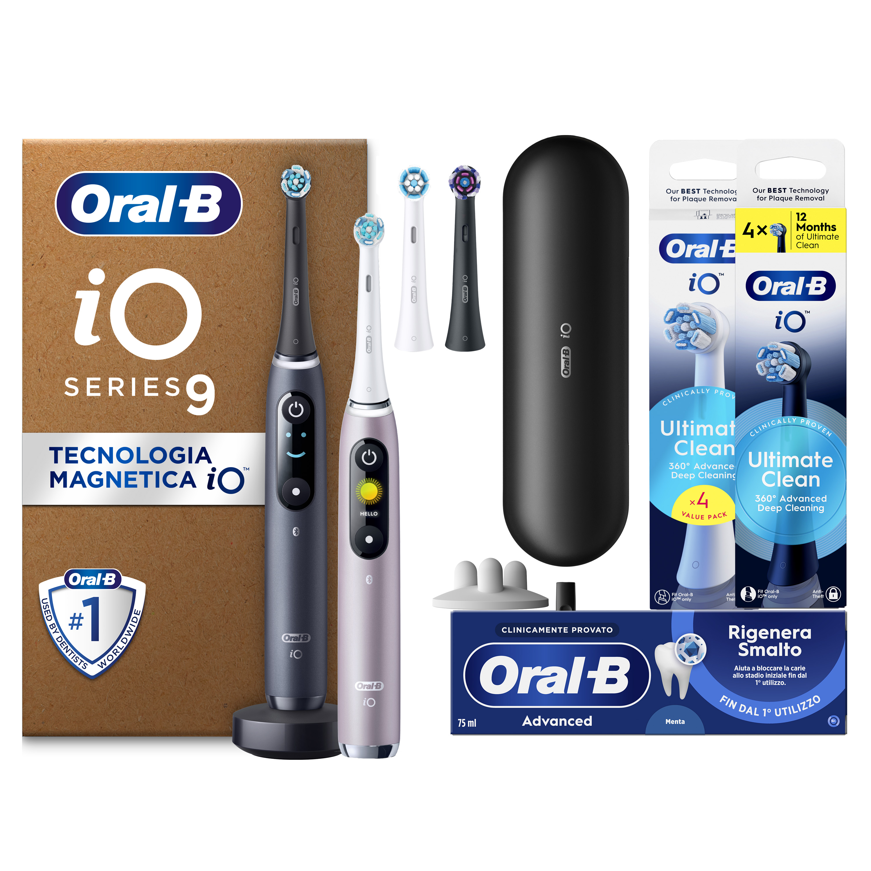 Oral-B iO 9 Duo Nero e Rosa, 3 Testine, 1 Custodia Da Viaggio Ricaricabile + 8 Testine di Ricambio iO Ultimate Clean Nere e Bianche + Dentifricio Adva