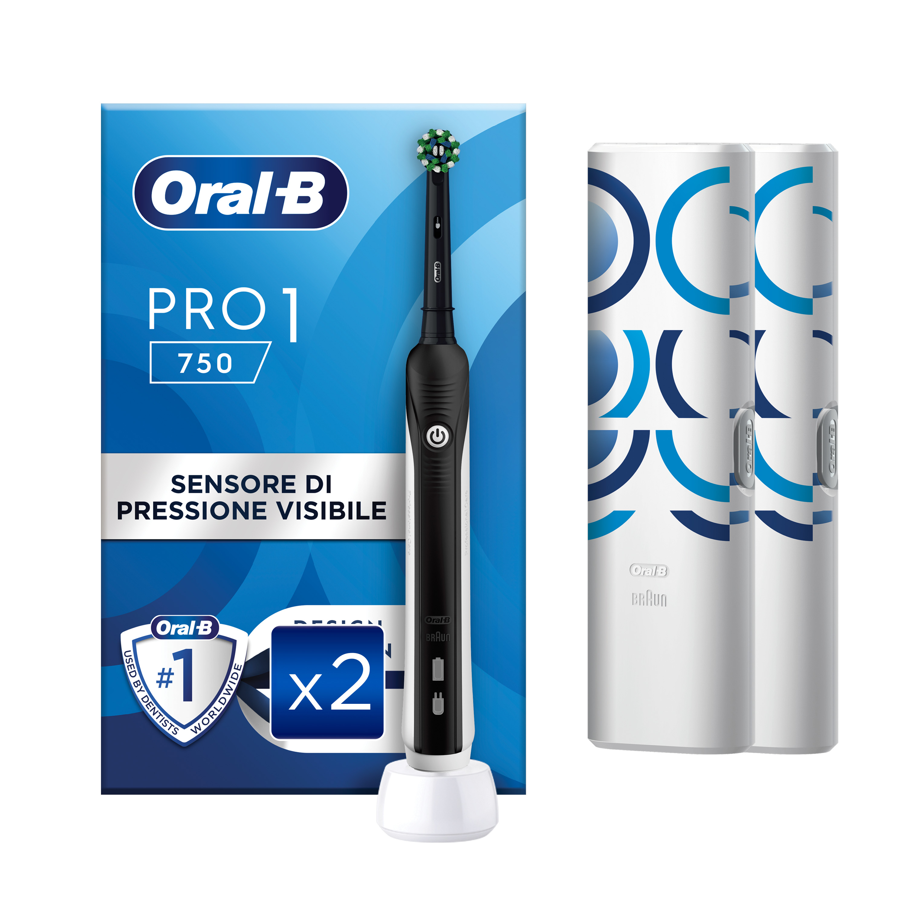Oral-B Spazzolino Elettrico Duo Pack Pro 1 750  Nero, 2 Testine, 2 Custodie Da Viaggio