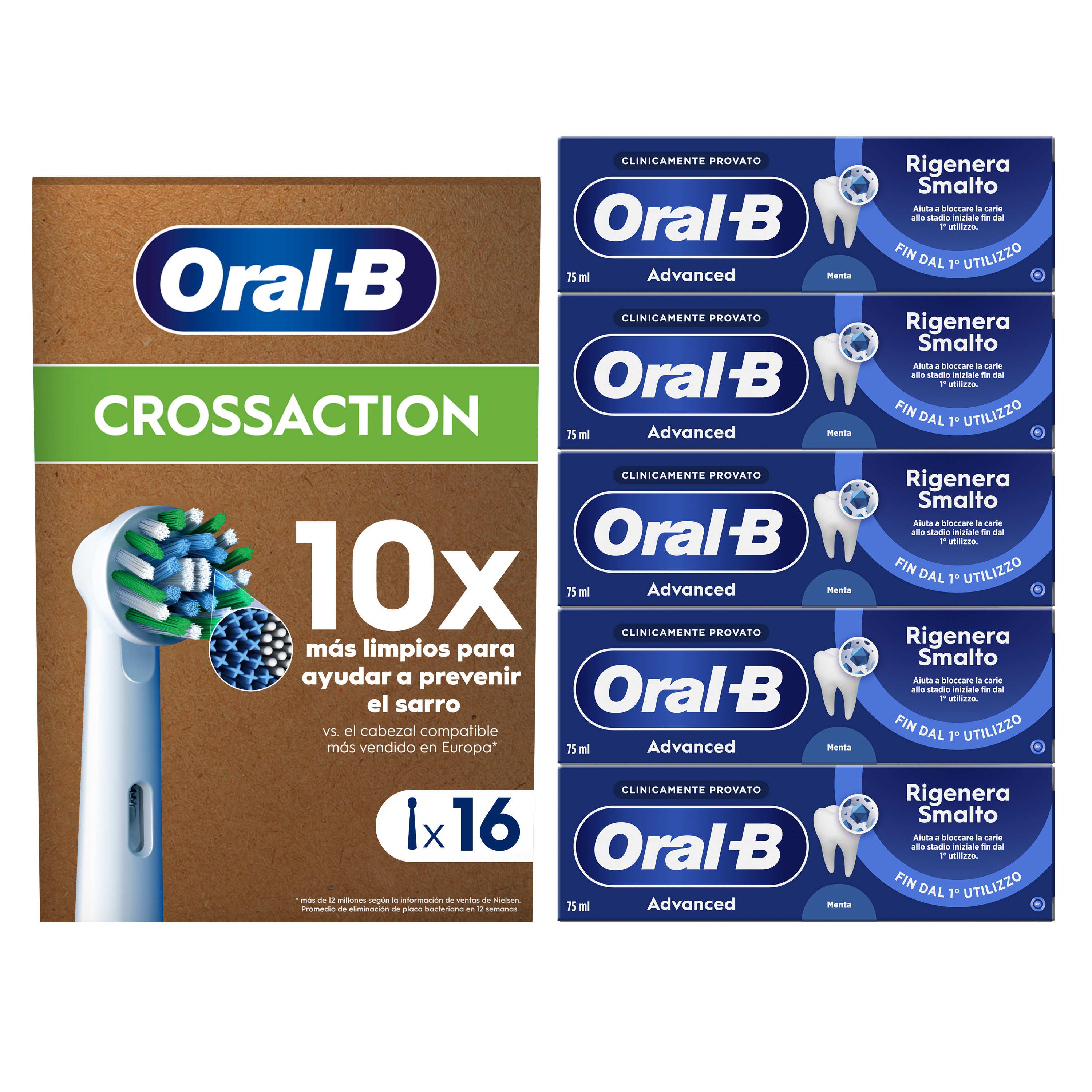 Oral-B 16 Testine Di Ricambio Cross Action Bianche + 5 Dentifrici Advanced Rigenera Smalto