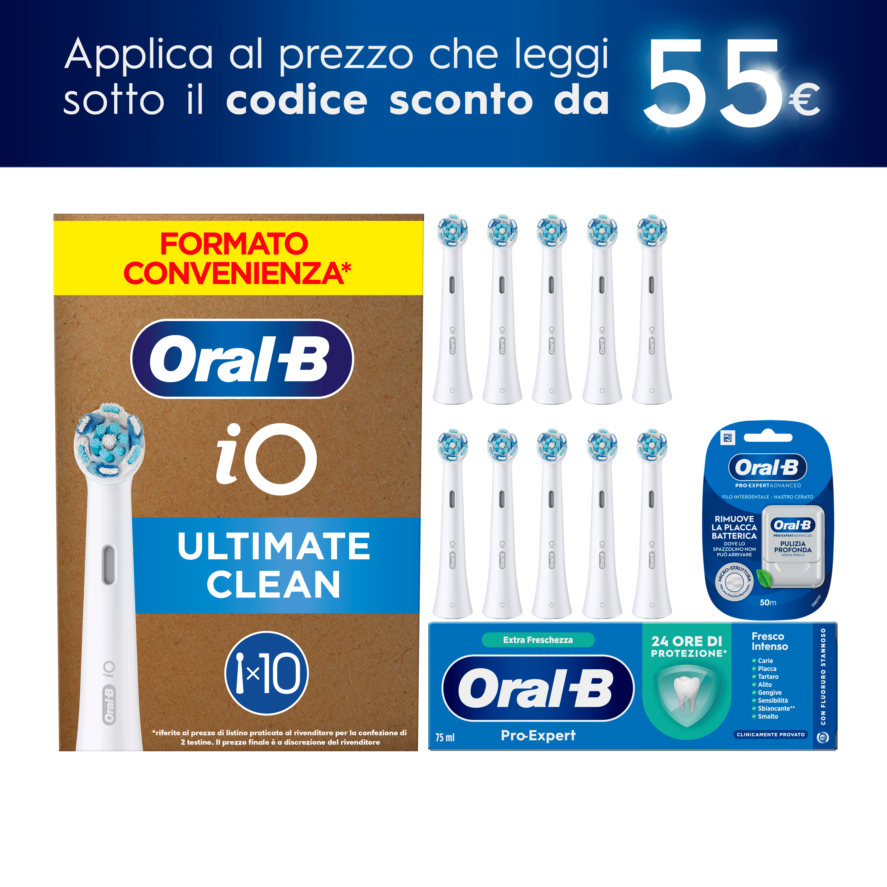 Oral-B Testine Bianche iO Ultimate Clean, Confezione da 10 Pezzi + Oral-B Dentifricio Pro-Expert Fresco Intenso + Oral-B Essential Filo Interdentale