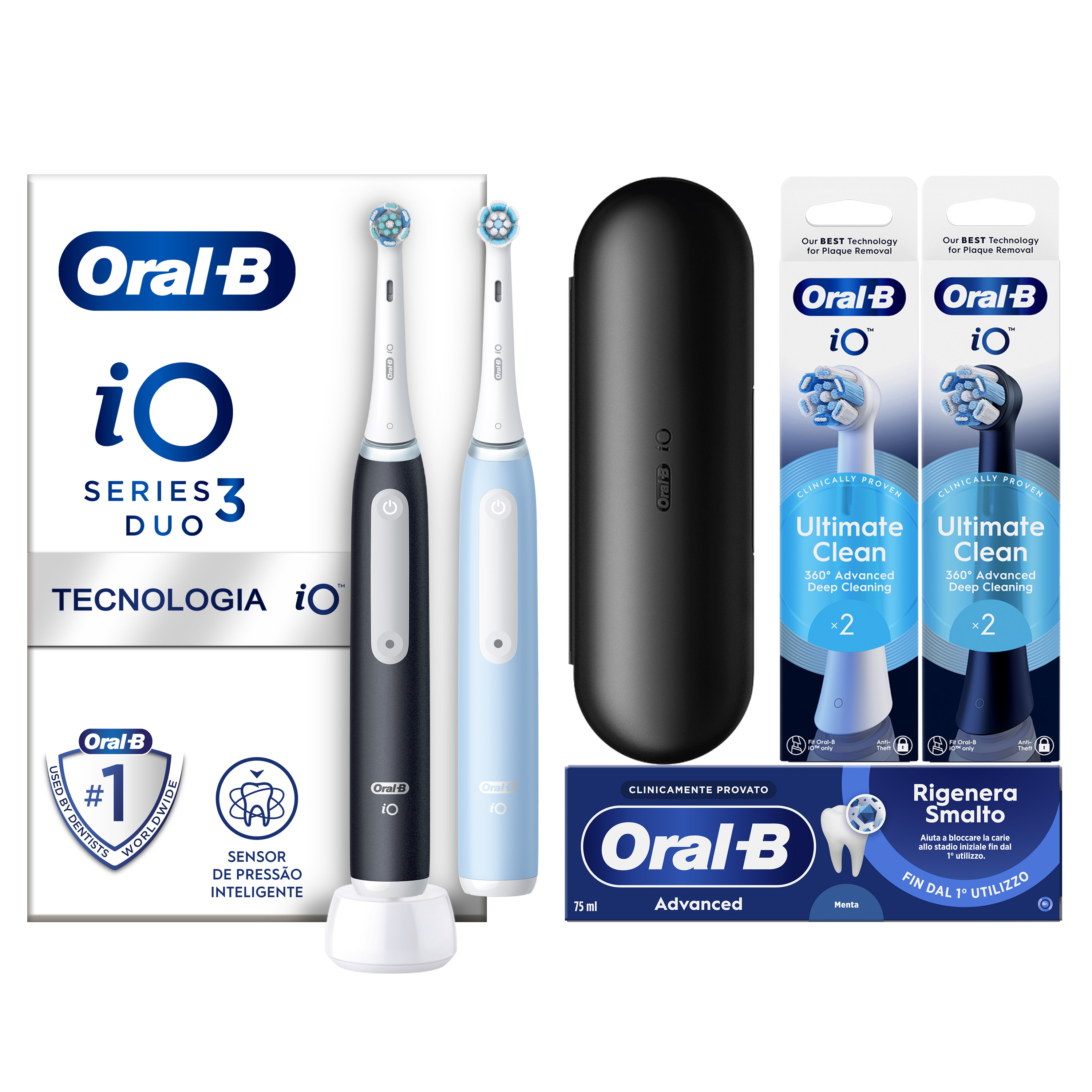 Oral-B Nero/Azzurro/Nere Io 3 Duo E 2 Testine, 1 Custodia Da Viaggio + 6 Testine Di Ricambio Io Ultimate Clean E Bianche + Dentifricio Advanced Prevenzione Tartaro - Immagine 19