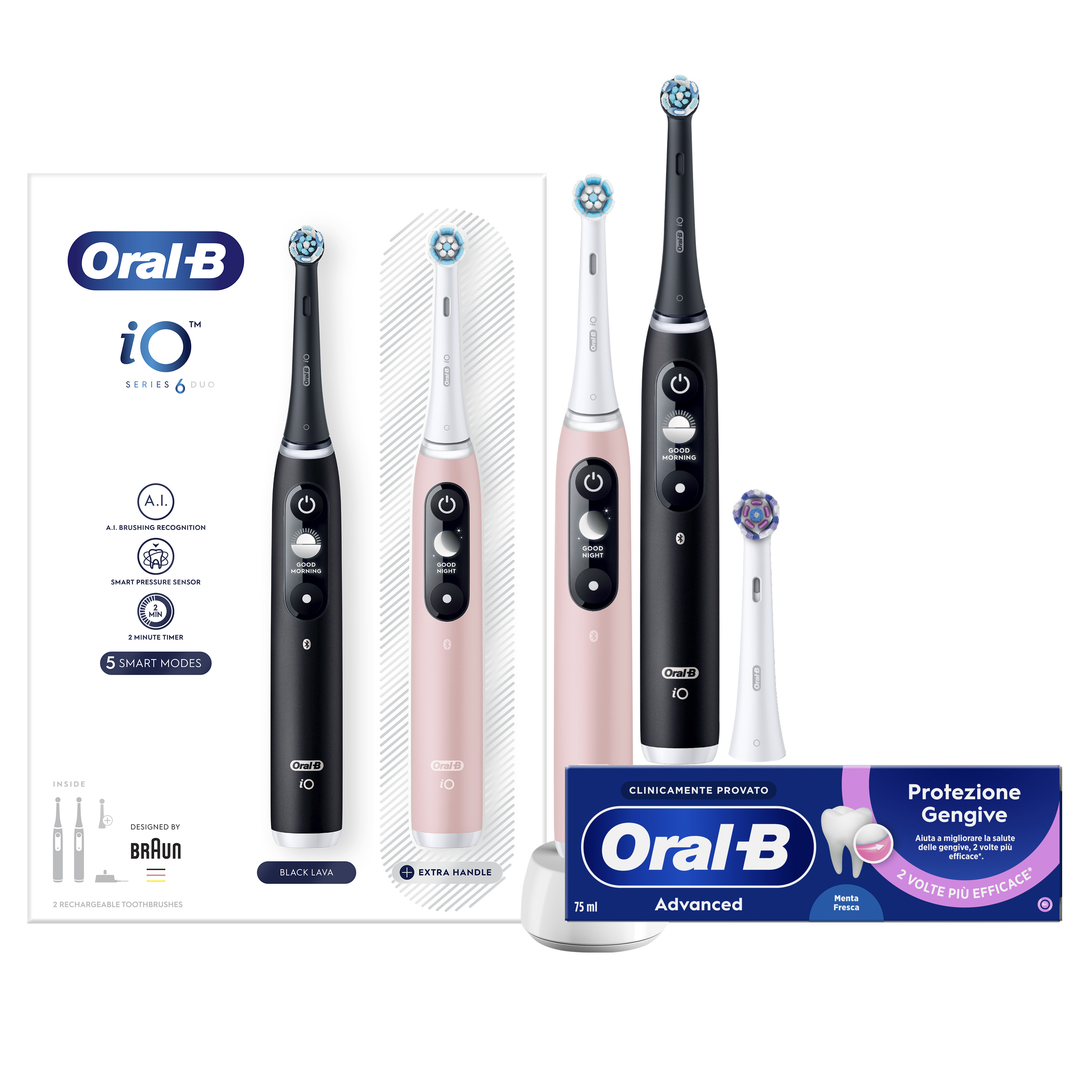 Immagine di Oral-B Spazzolino Elettrico Duo Pack iO 6 Nero e Rosa, 3 Testine + Dentifricio Advanced Protezione Gengive