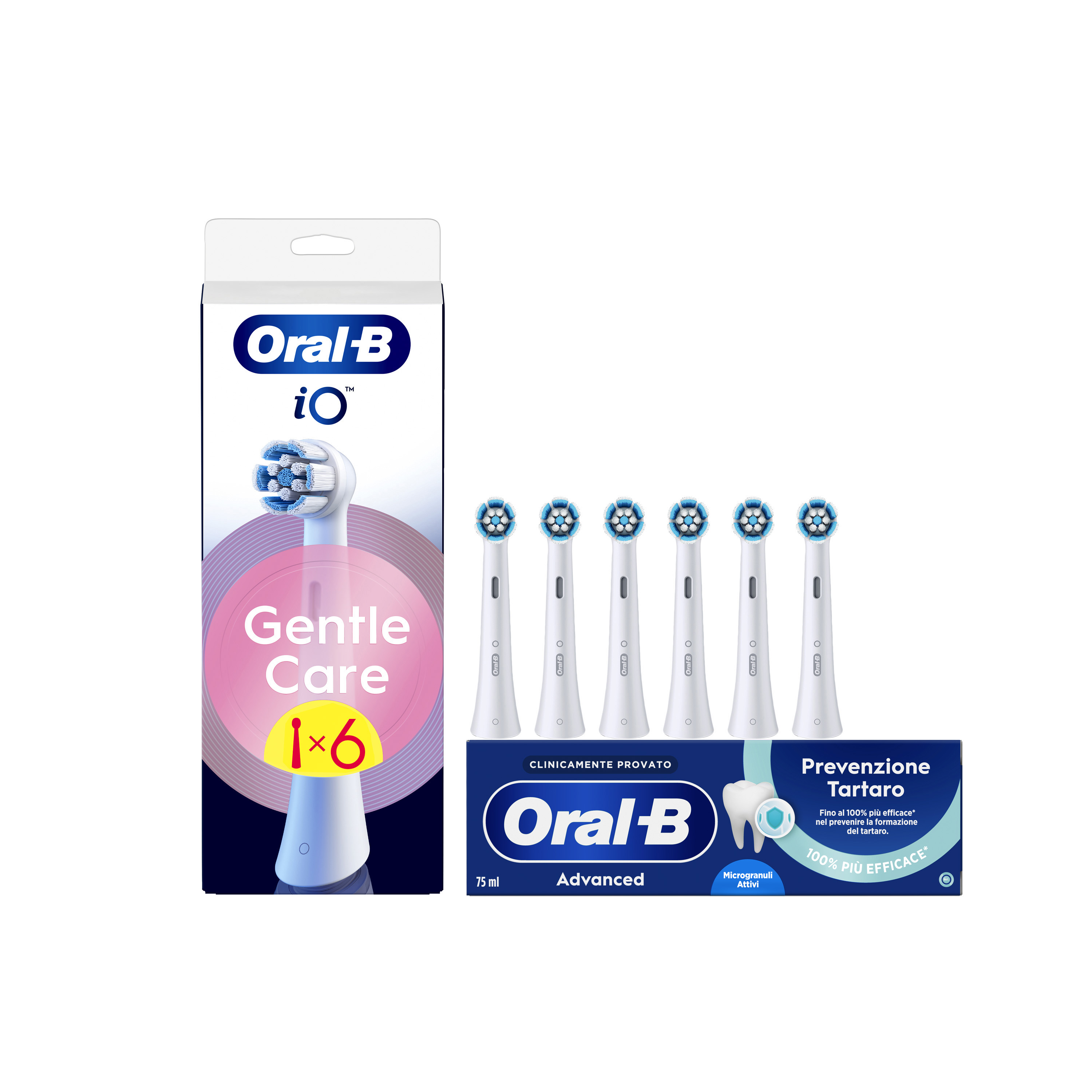 Oral-B Testine di Ricambio iO Gentle Care Bianche, Confezione da 6 Testine + Dentifricio Advanced Prevenzione Tartaro