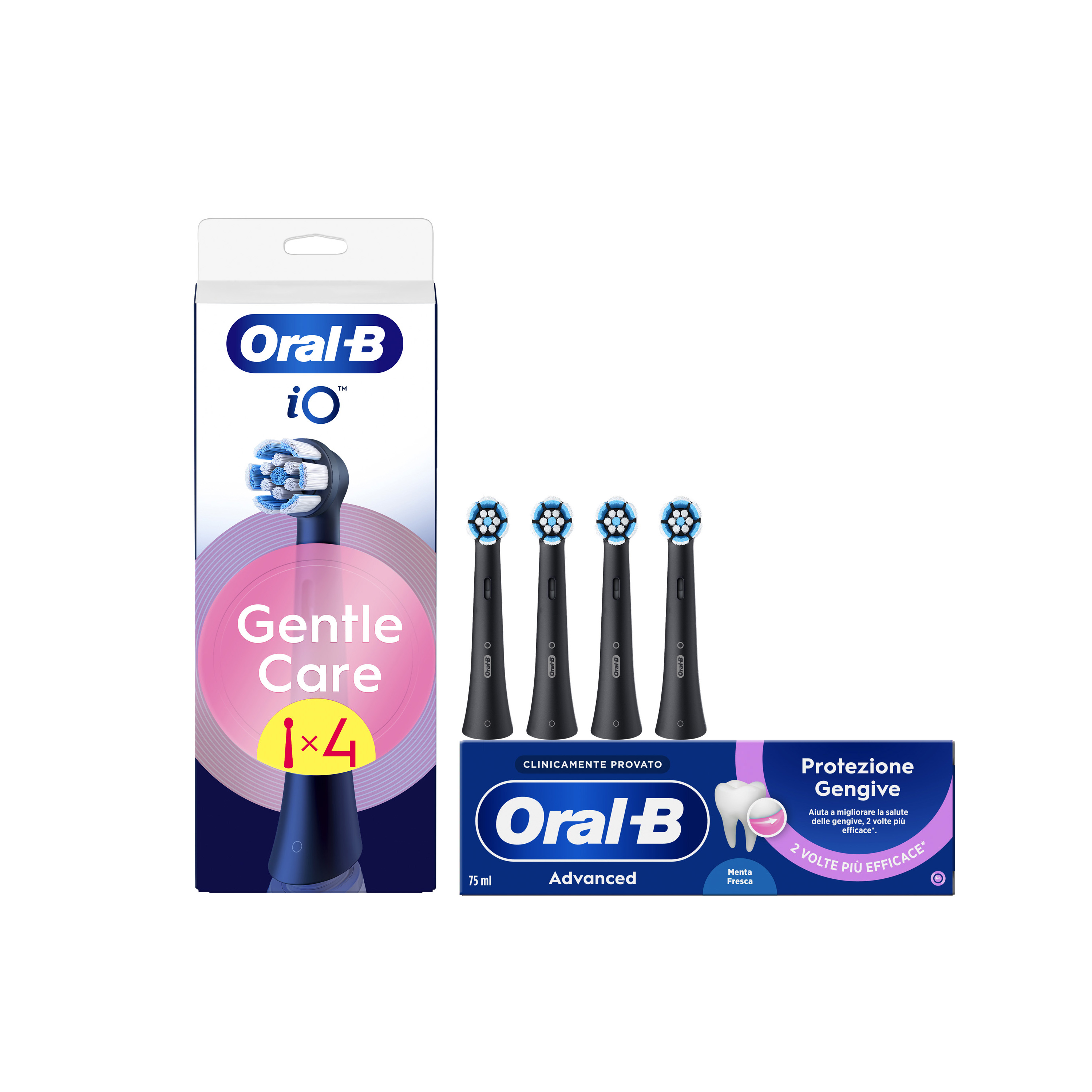 Oral-B Testine di Ricambio iO Gentle Care Nere, Confezione da 4 Testine + Dentifricio Advanced Protezione Gengive