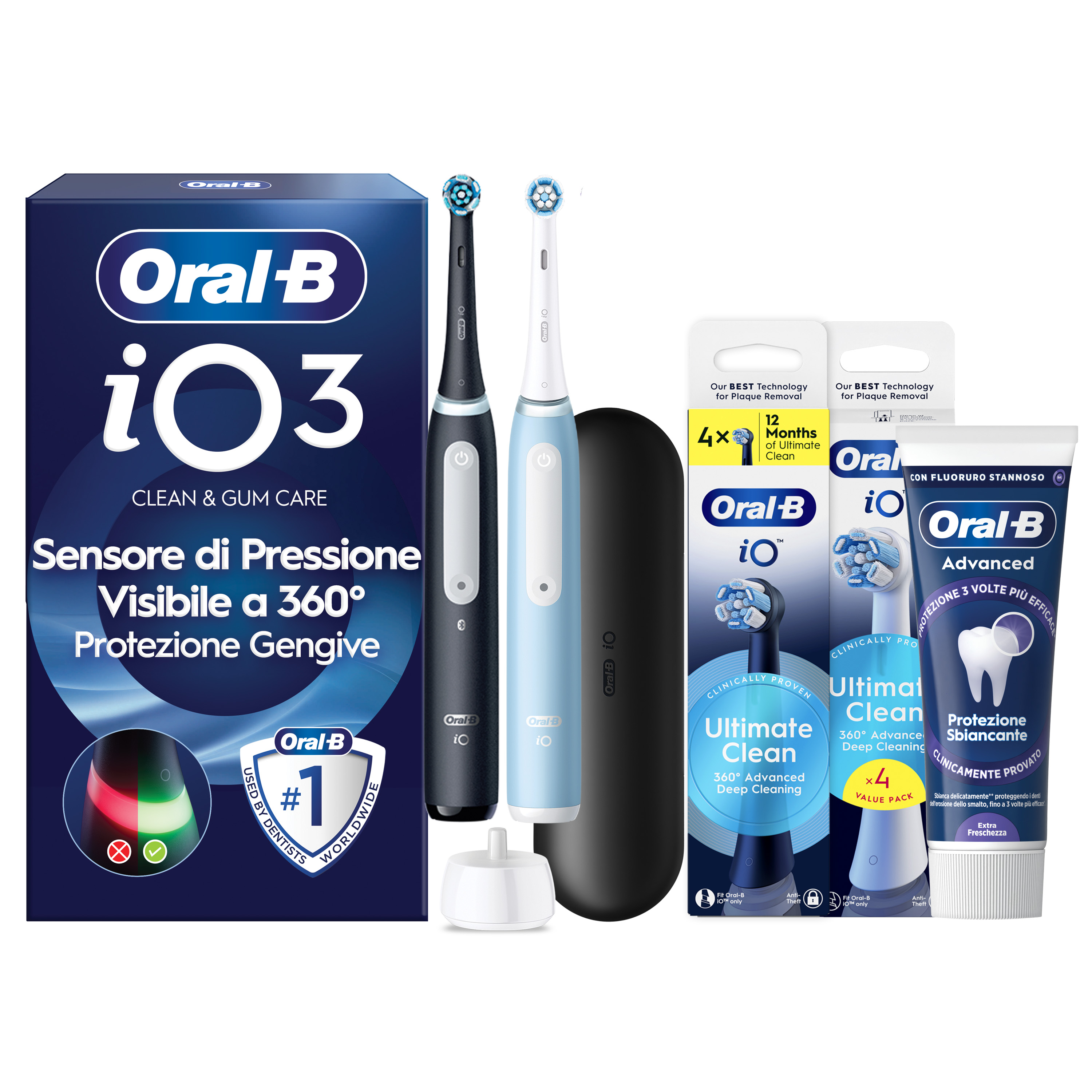 Oral-B Nero/Azzurro/Nere Io 3 Duo E 2 Testine, 1 Custodia Da Viaggio + 6 Testine Di Ricambio Io Ultimate Clean E Bianche + Dentifricio Advanced Prevenzione Tartaro - Immagine 21