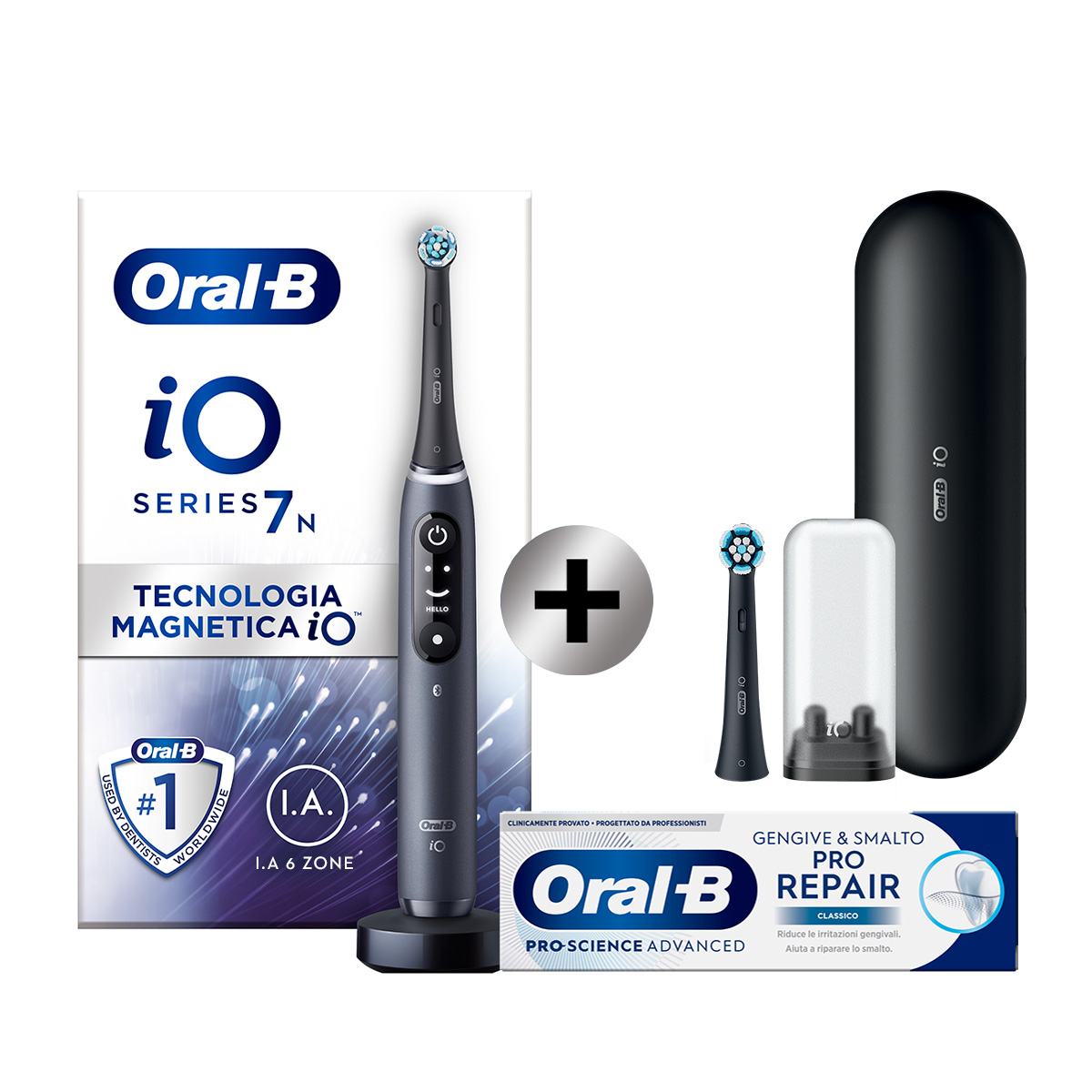 Oral-B Spazzolino Elettrico Ricaricabile iO 7N Nero, 2 testine, 1 Custodia Da Viaggio. 1 Spazzolino + Oral-B Dentifricio Pro-Science Advanced Pro-Repair Gengive & Smalto (Classico)