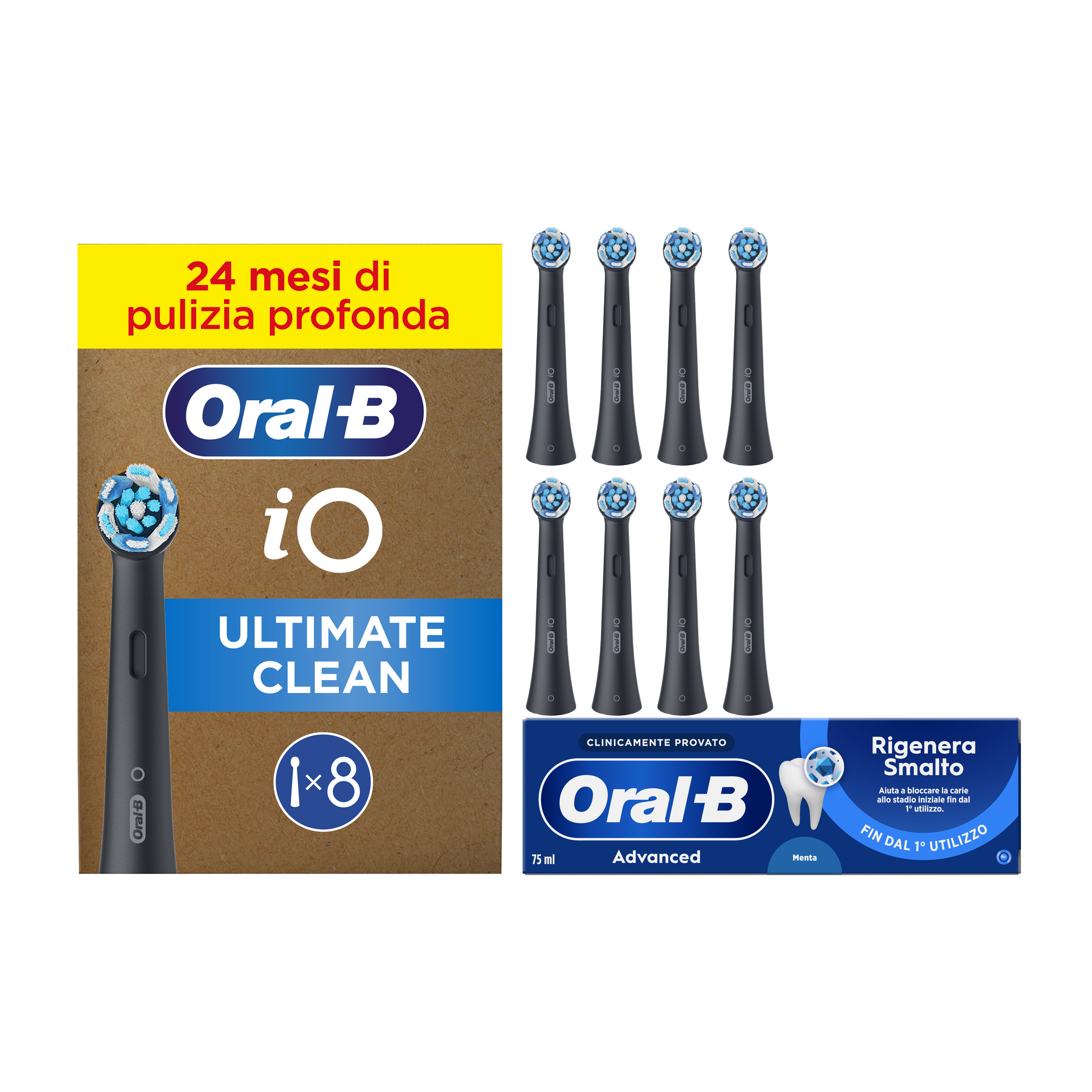 Oral-B Testine di Ricambio iO Ultimate Clean Nere, Confezione da 8 Testine + Dentifricio Advanced Rigenera Smalto
