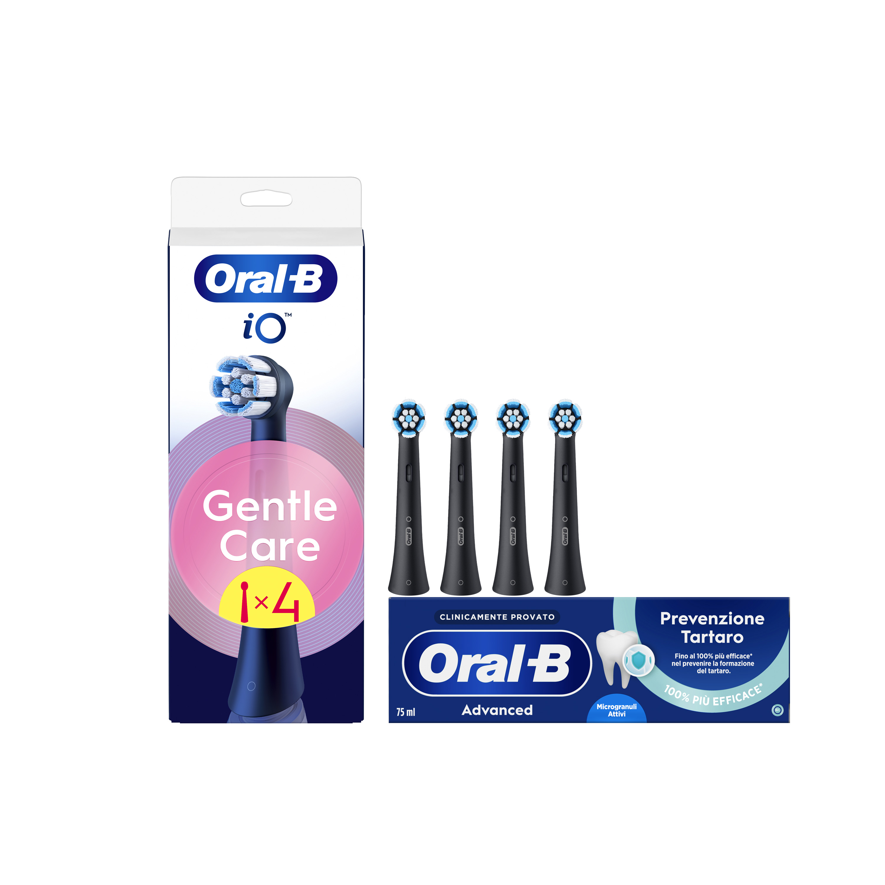 Oral-B Testine di Ricambio iO Gentle Care Nere, Confezione da 4 Testine + Dentifricio Advanced Prevenzione Tartaro