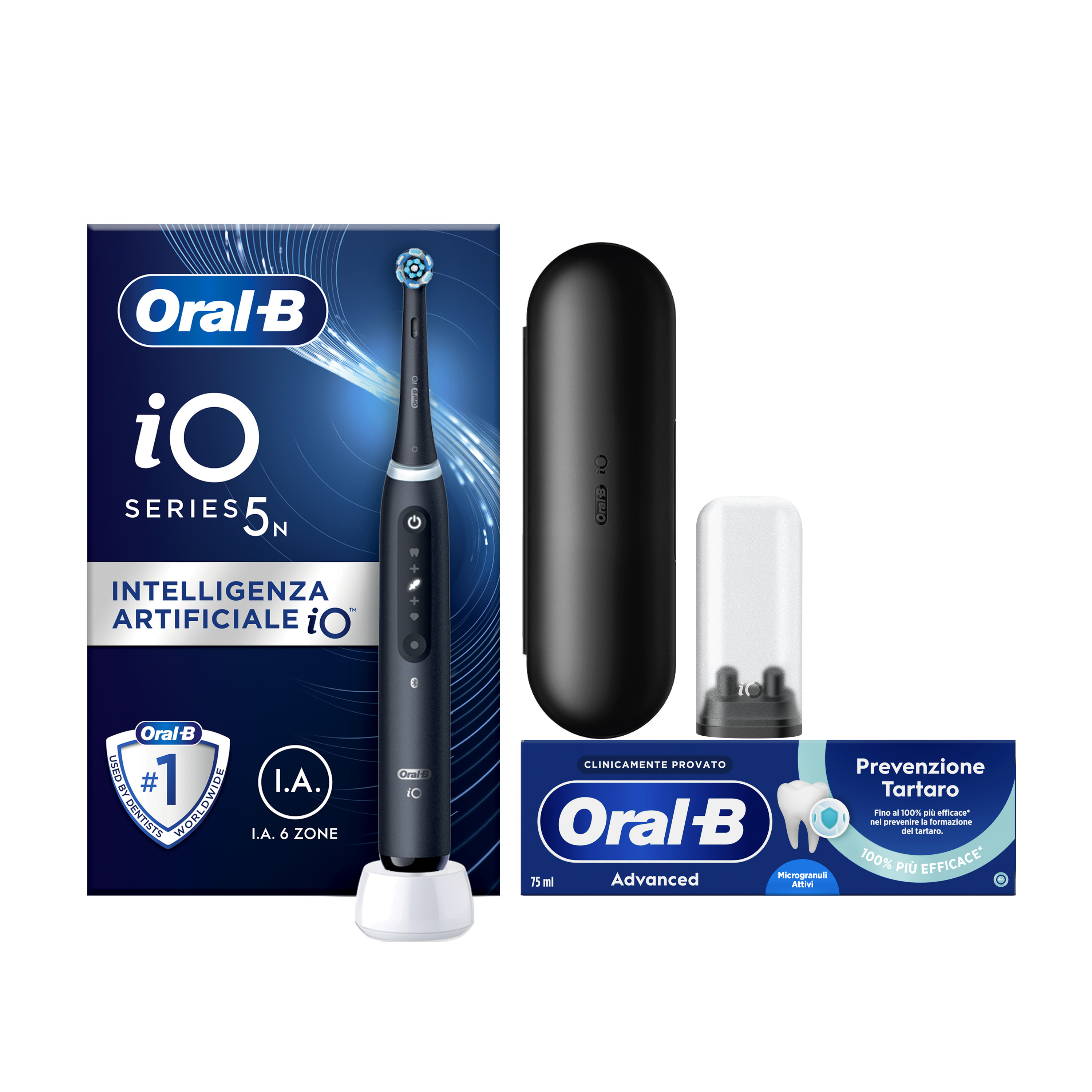 Oral-B Spazzolino Elettrico iO 5 Nero, 1 Testina, 1 Custodia Da Viaggio + Dentifricio Advanced Prevenzione Tartaro
