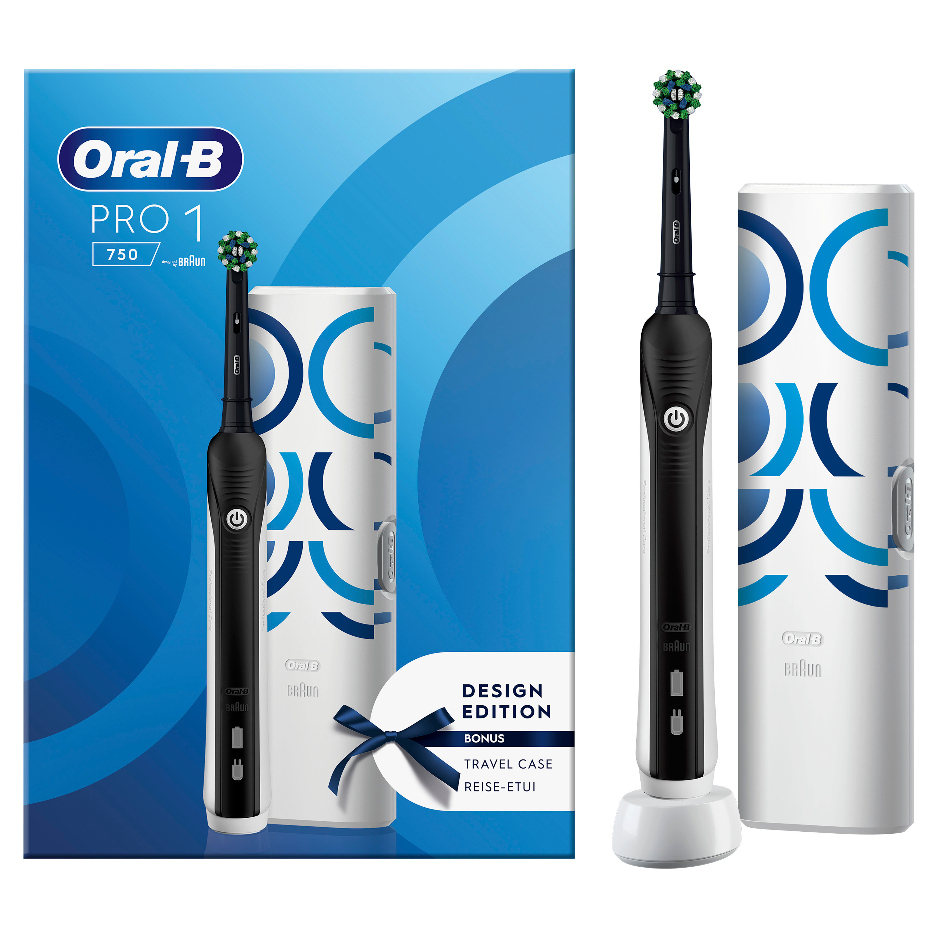 Oral-B Pro 1 750 Spazzolino Elettrico Nero, 1 Custodia da viaggio, 1 Testina