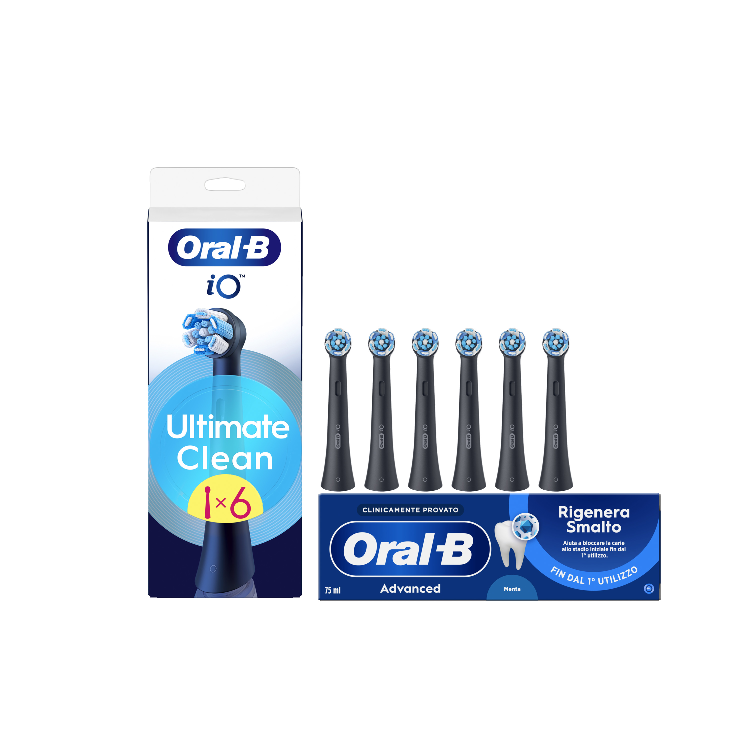 Oral-B Testine di Ricambio iO Ultimate Clean Nere, Confezione da 6 Testine + Dentifricio Advanced Rigenera Smalto