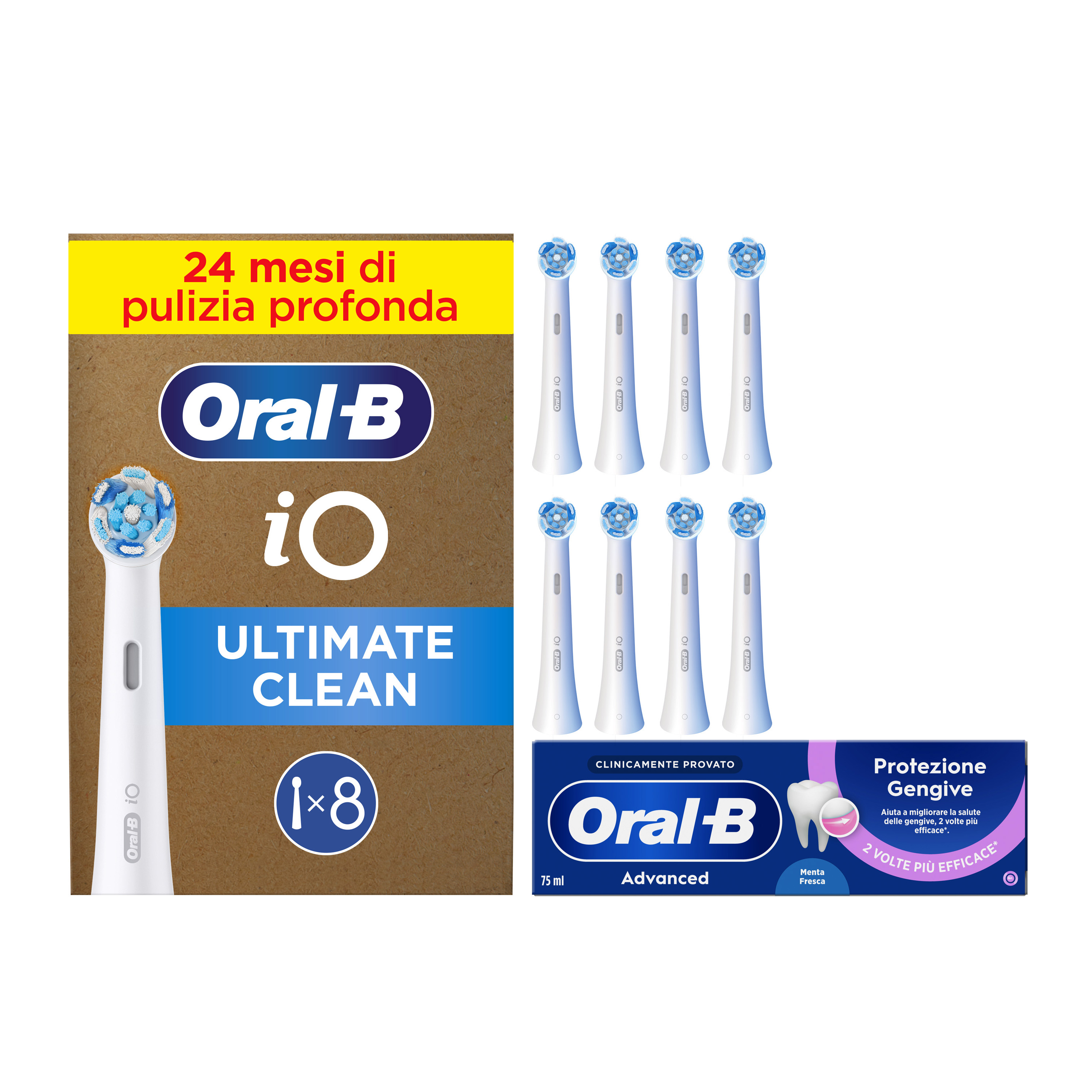 Oral-B Testine di Ricambio iO Ultimate Clean Bianche, Confezione da 8 Testine + Dentifricio Advanced Protezione Gengive