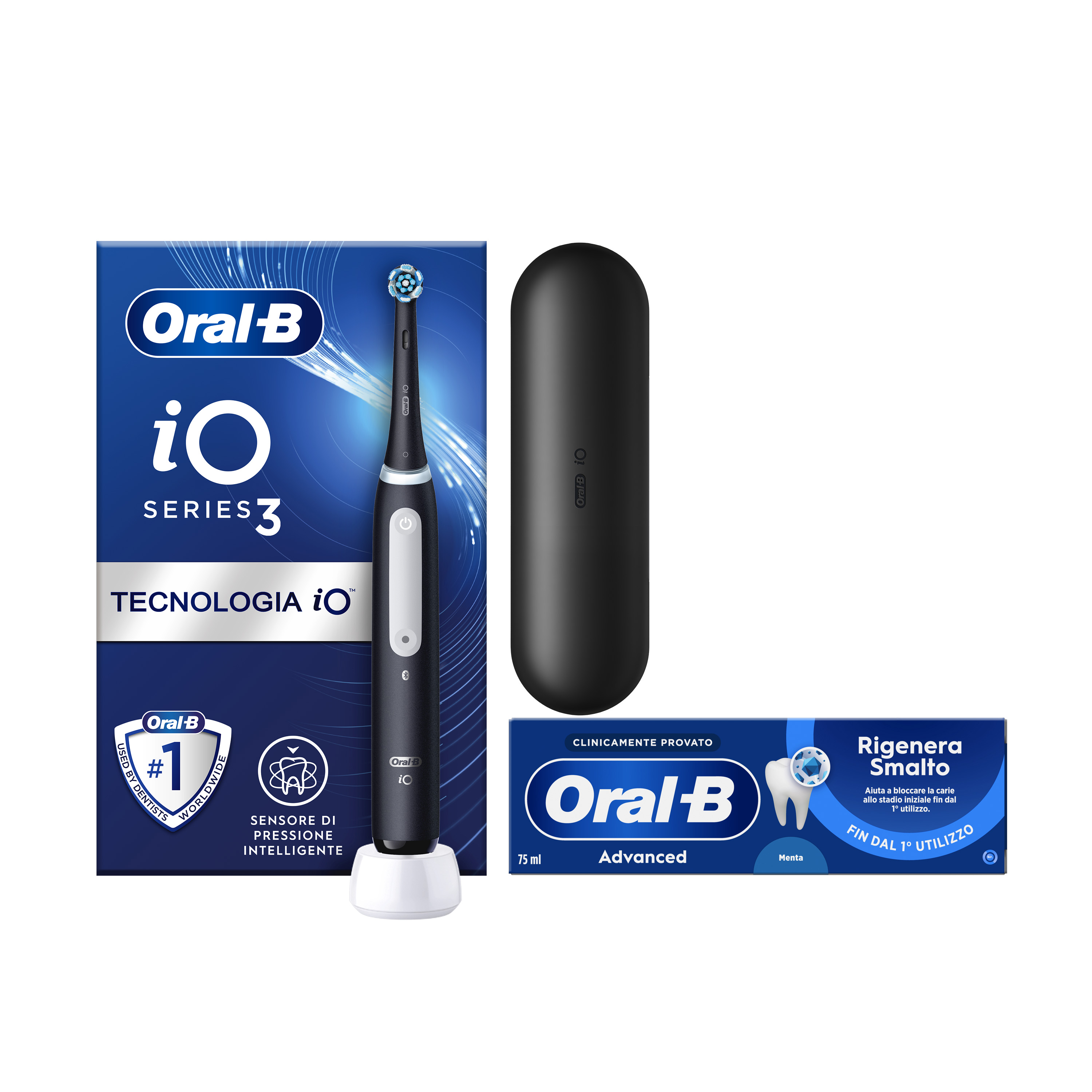 Oral-B Spazzolino Elettrico iO 3 Nero, 1 Testina, 1 Custodia Da Viaggio + Dentifricio Advanced Rigenera Smalto