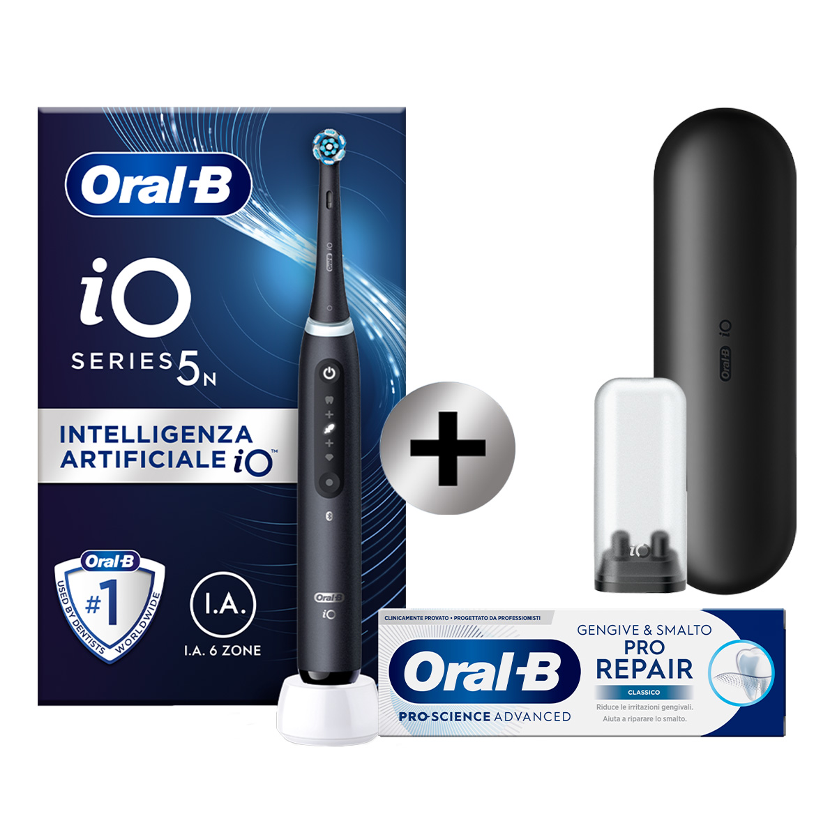 Oral-B Spazzolino Elettrico iO 5N Nero, 1 Testina, 1 Custodia Da Viaggio + Oral-B Dentifricio Pro-Science Advanced Pro-Repair Gengive & Smalto (Classico)