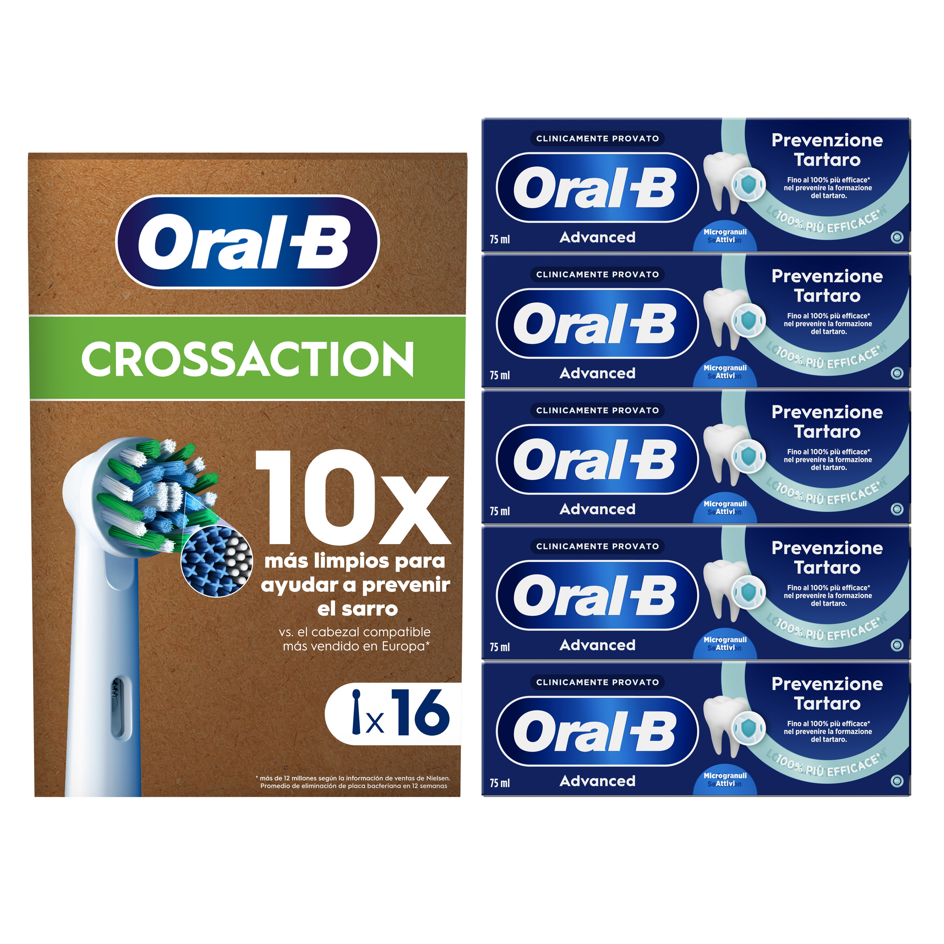 Oral-B 16 Testine Di Ricambio Cross Action Bianche + 5 Dentifrici Advanced Prevenzione Tartaro