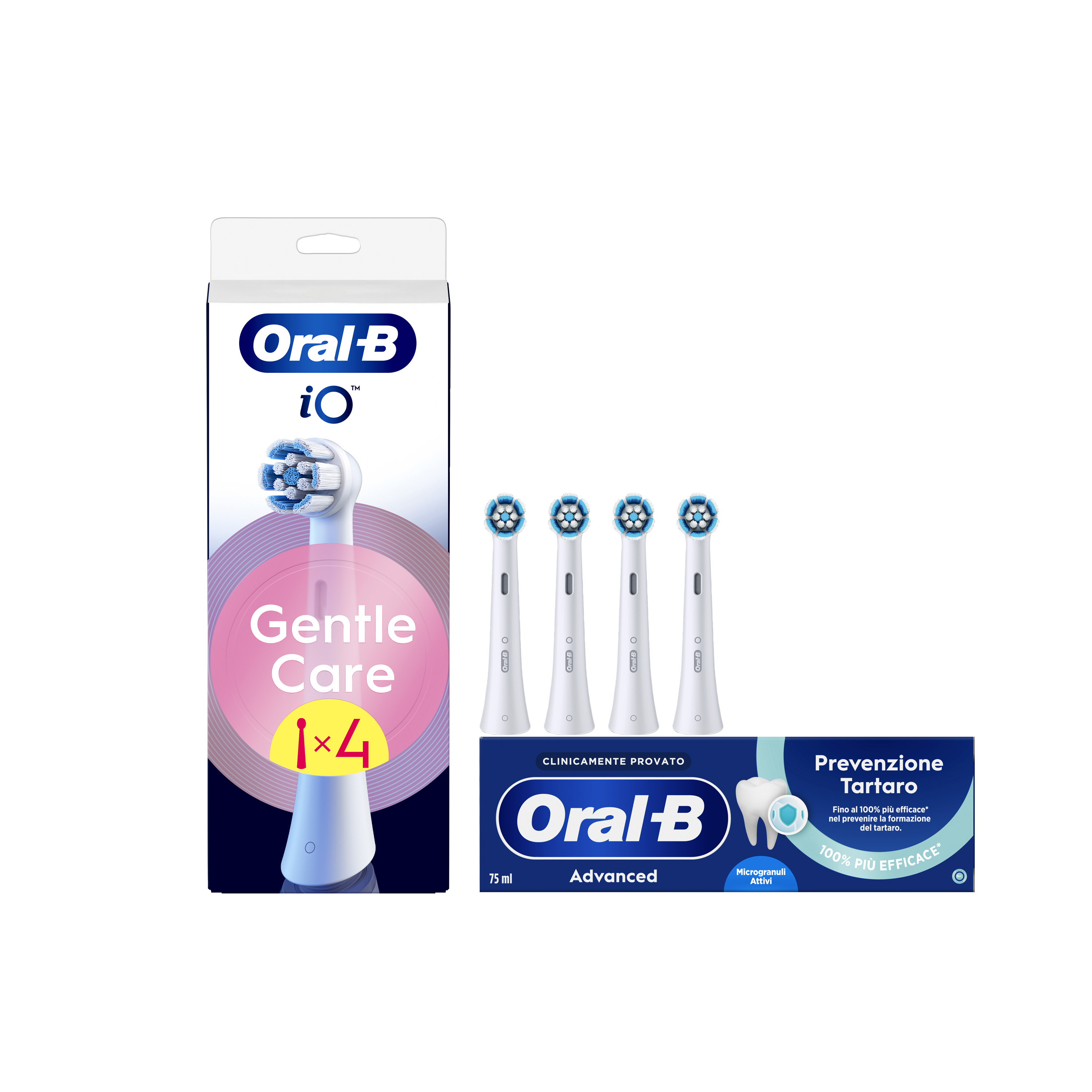Oral-B Testine di Ricambio iO Gentle Care Bianche, Confezione da 4 Testine + Dentifricio Advanced Prevenzione Tartaro