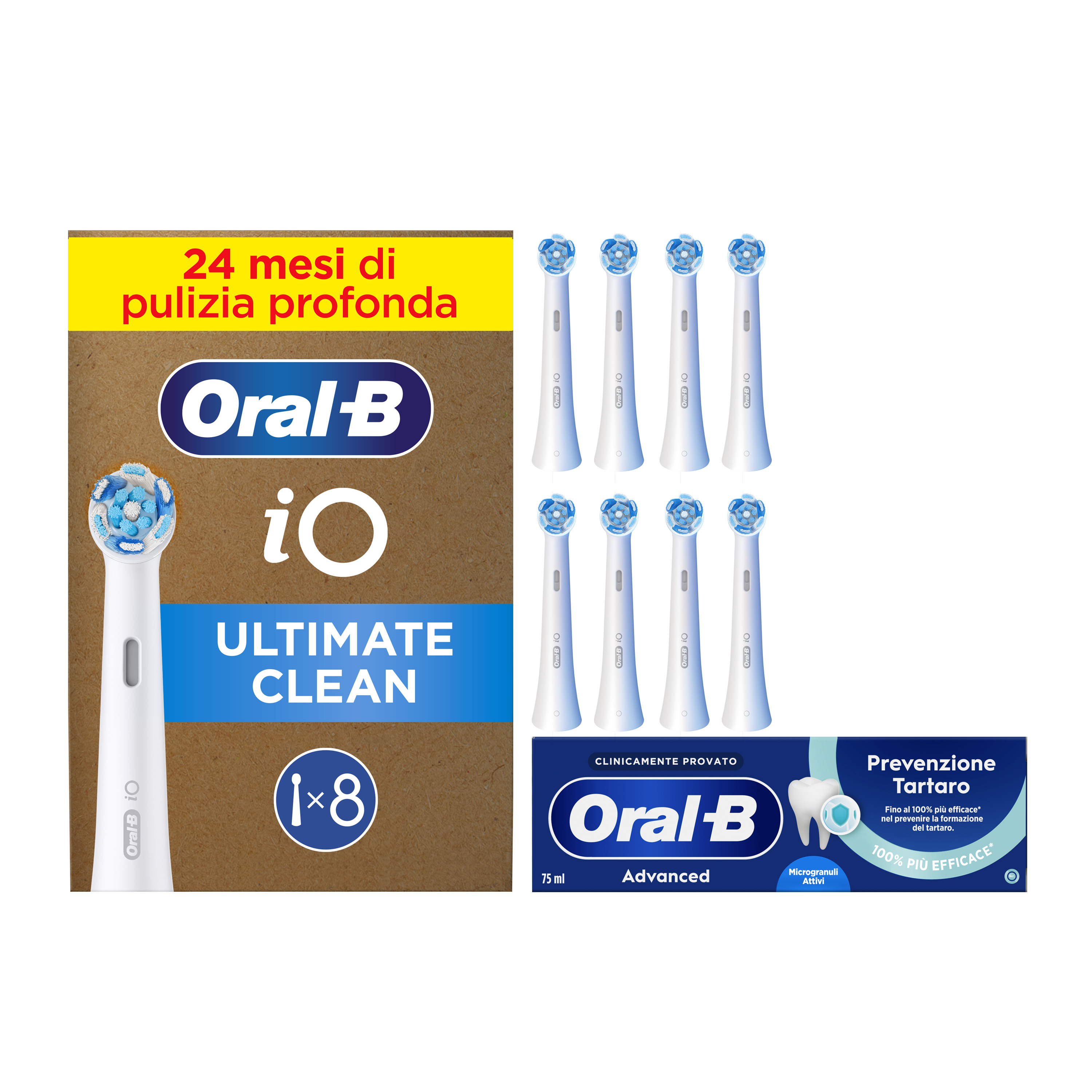 Oral-B Testine di Ricambio iO Ultimate Clean Bianche, Confezione da 8 Testine + Dentifricio Advanced Prevenzione Tartaro
