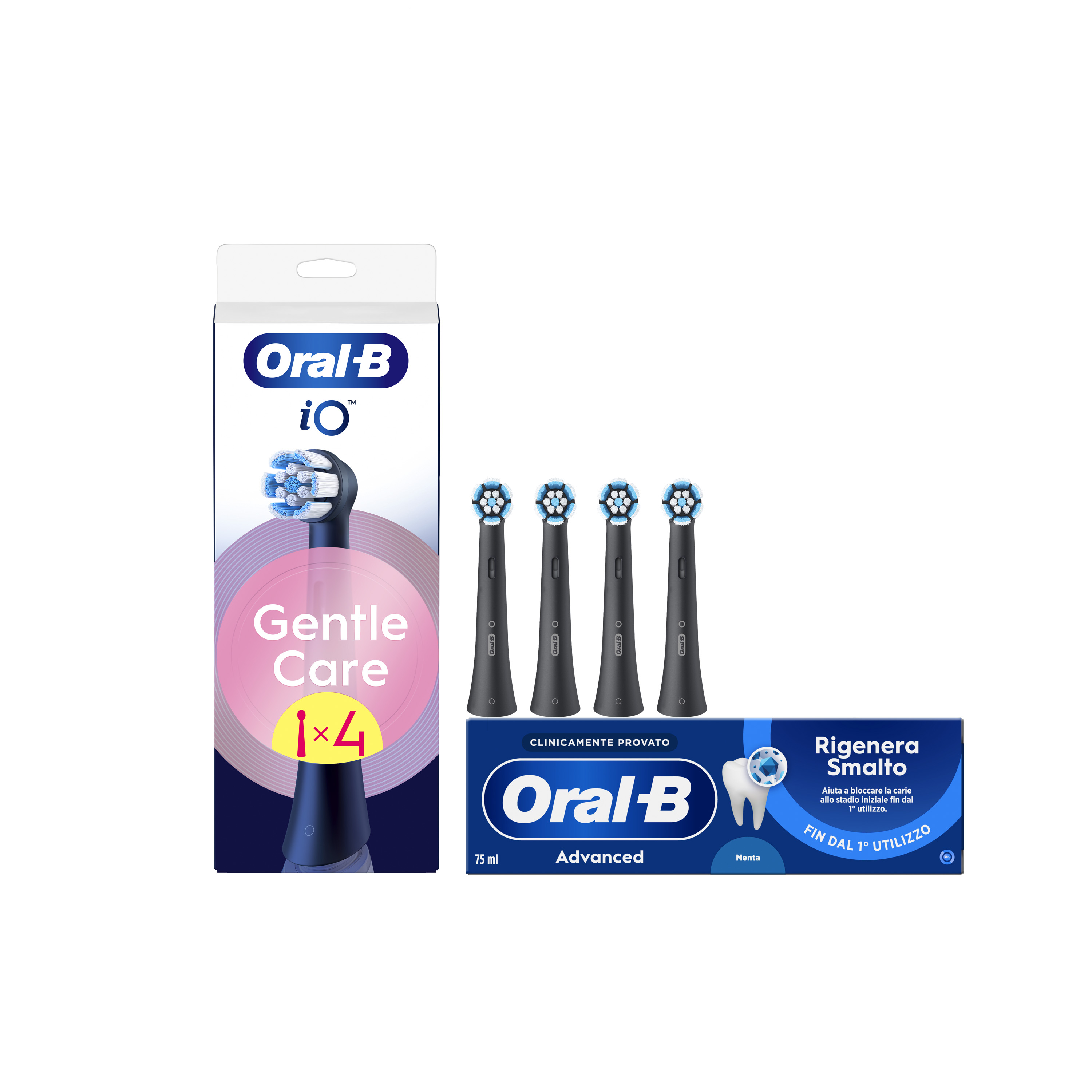 Oral-B Testine di Ricambio iO Gentle Care Nere, Confezione da 4 Testine + Dentifricio Advanced Rigenera Smalto