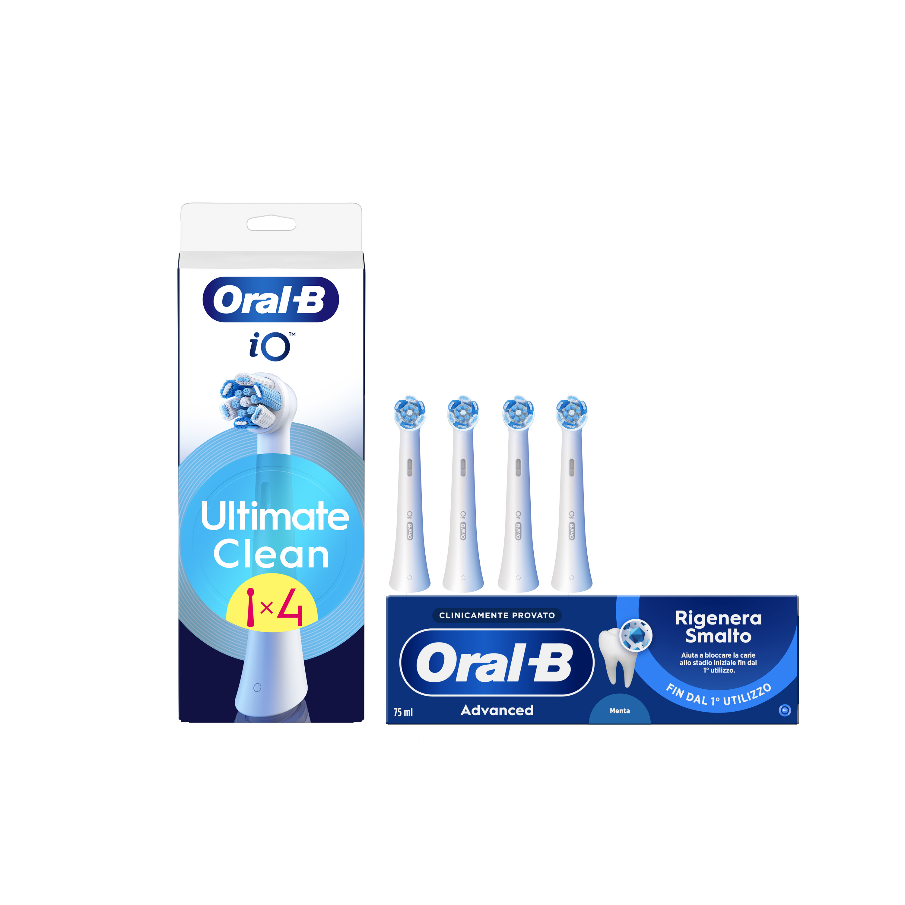 4 Testine di Ricambio iO Ultimate Clean Bianche + Dentifricio Advanced Rigenera Smalto