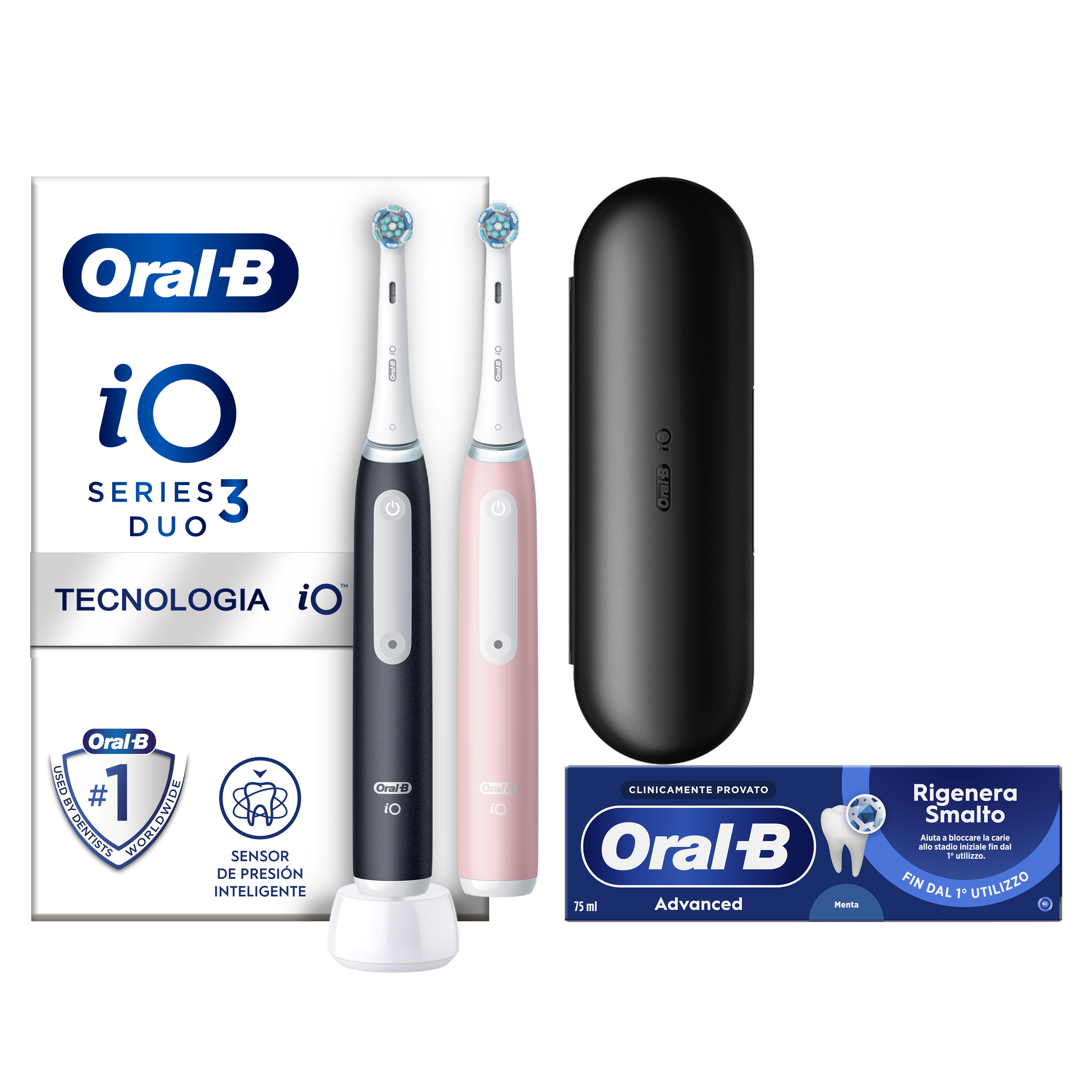 Oral-B Spazzolino Elettrico Duo Pack iO 3 Nero e Rosa, 2 Testine, 1 Custodia Da Viaggio + Dentifricio Advanced Rigenera Smalto