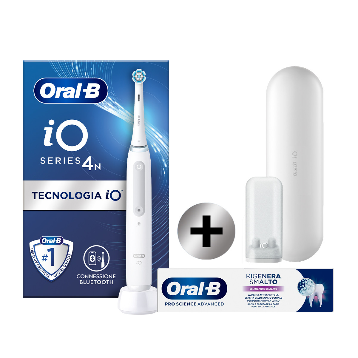 Oral-B Spazzolino Elettrico iO 4N Bianco, 1 Testina, 1 Custodia Da Viaggio + Oral-B Dentifricio Pro-Science Advanced Rigenera Smalto Sbiancante Delicato