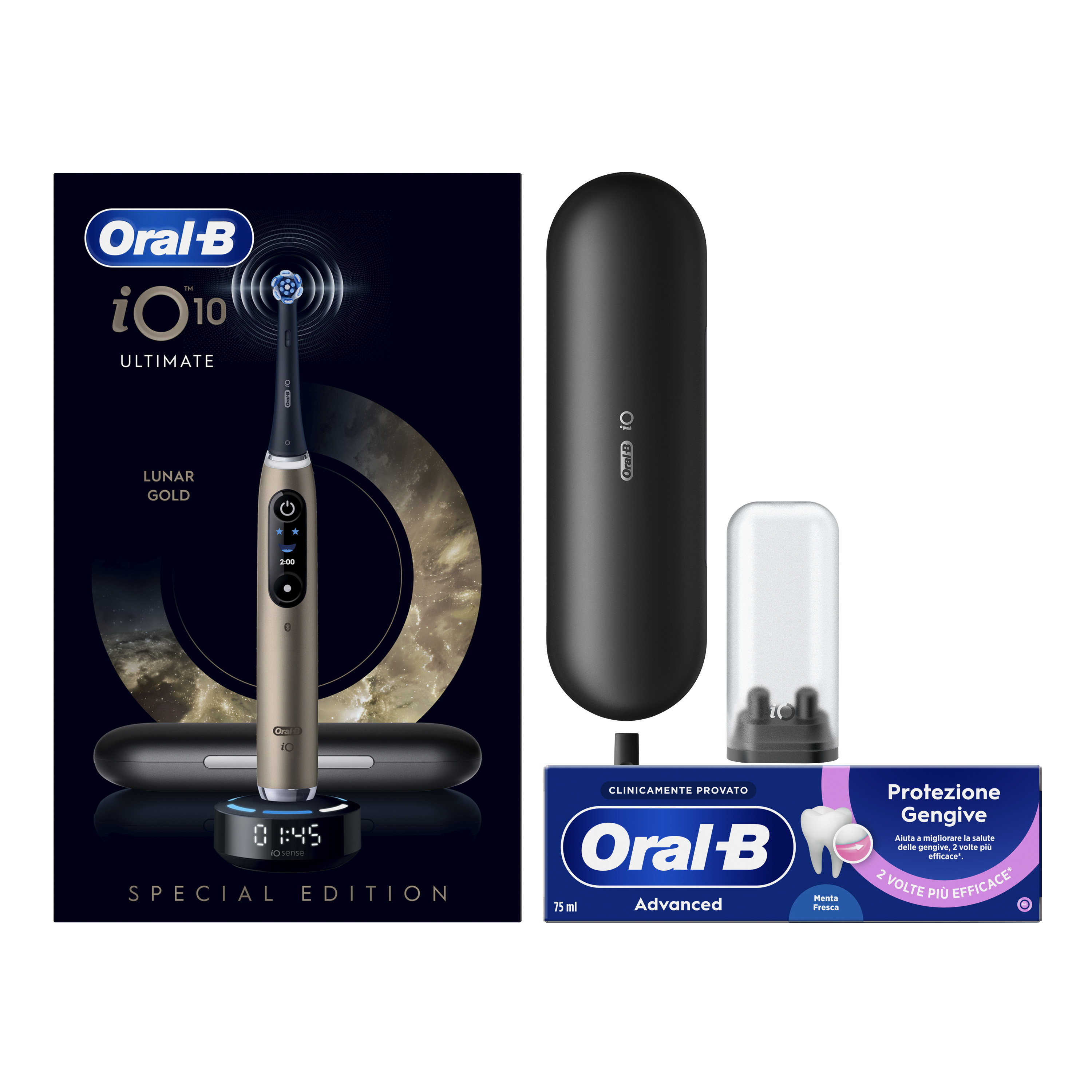 Oral-B Spazzolino Elettrico iO 10 Gold Special Edition, 1 Testina, 1 Custodia Da Viaggio + Dentifricio Advanced Protezione Gengive