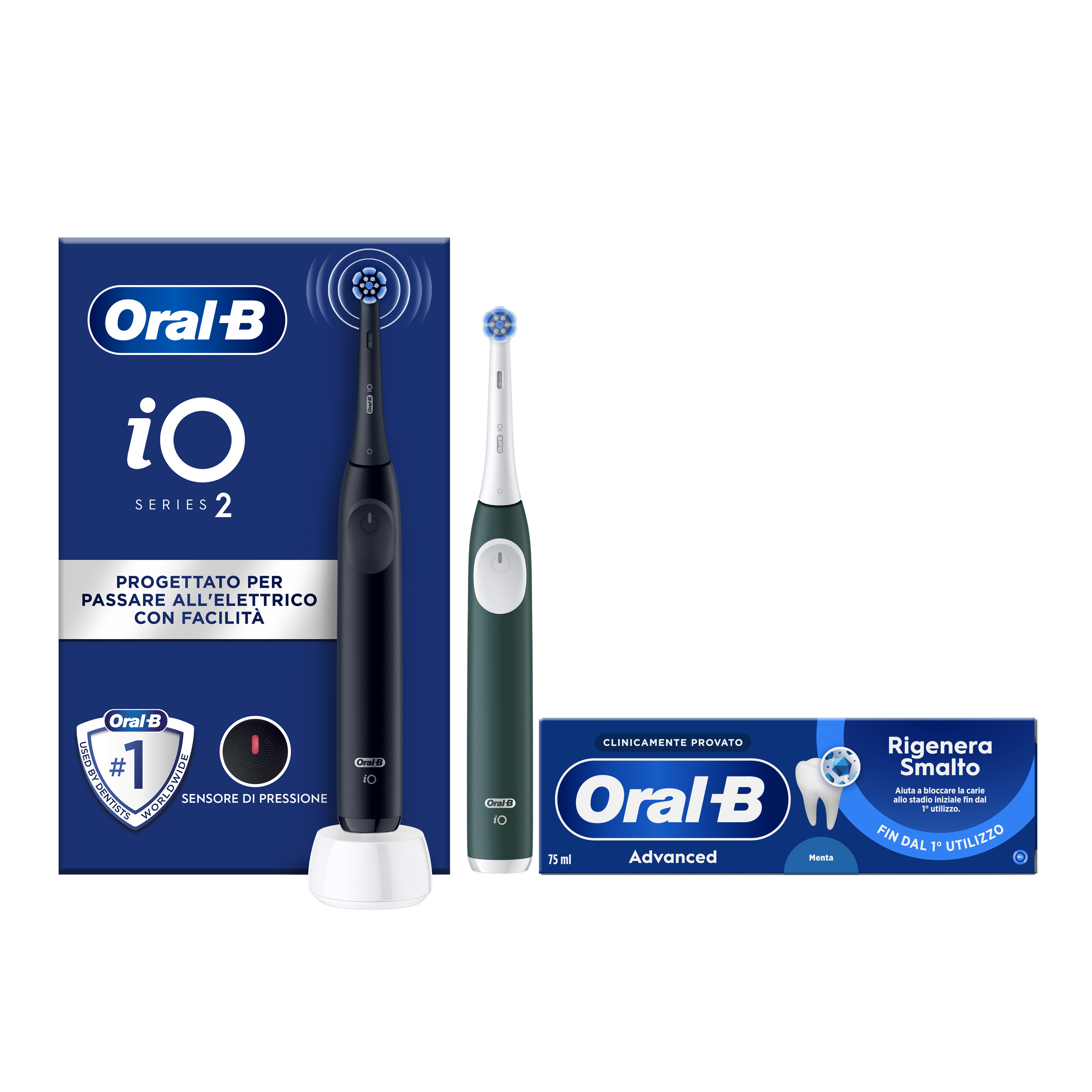 Oral-B Spazzolino Elettrico Duo Pack iO2 Nero e Verde, 1 Testina + Dentifricio Advanced Rigenera Smalto