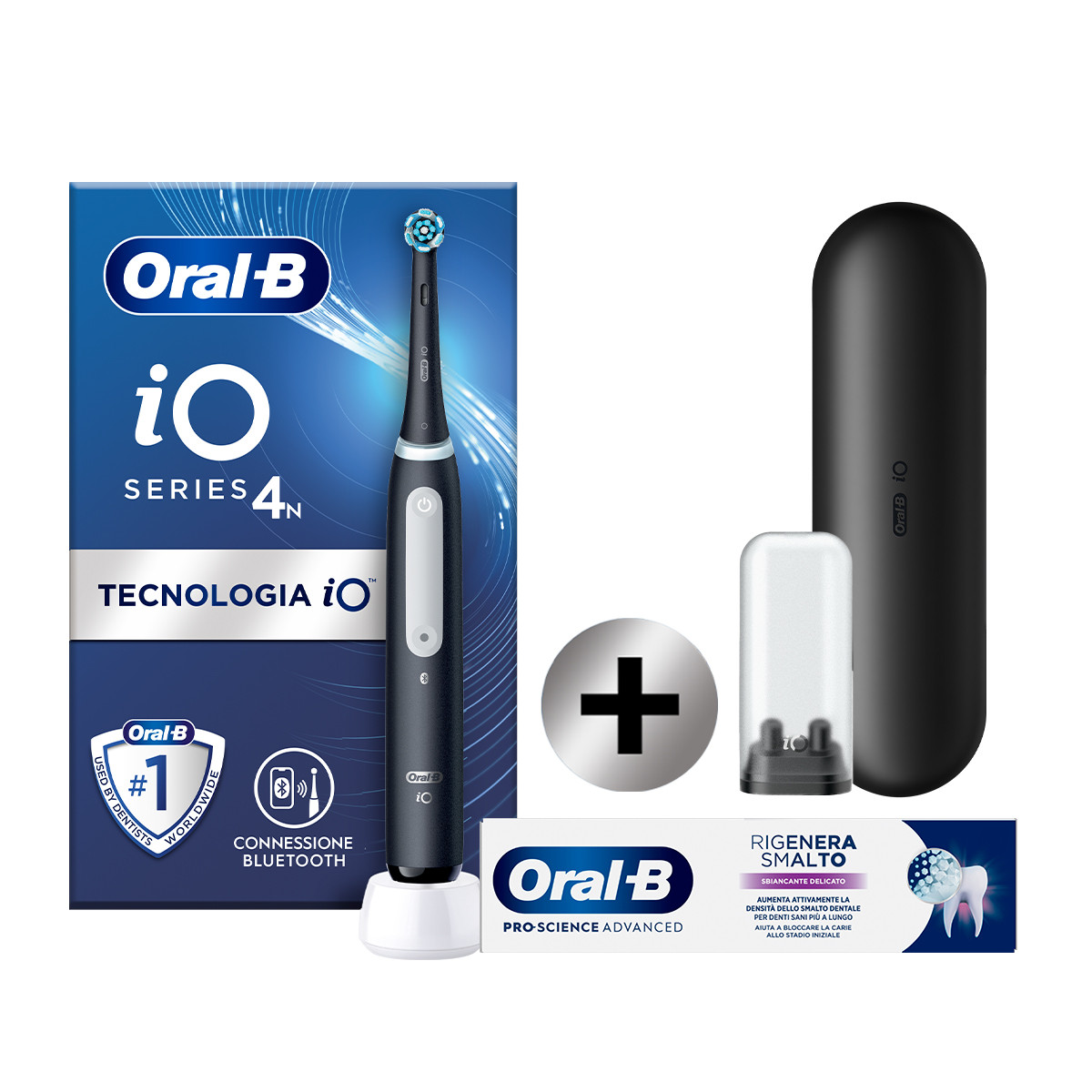 Oral-B Spazzolino Elettrico iO 4 Nero, 1 Testina, 1 Custodia Da Viaggio + Oral-B Dentifricio Pro-Science Advanced Rigenera Smalto Sbiancante Delicato