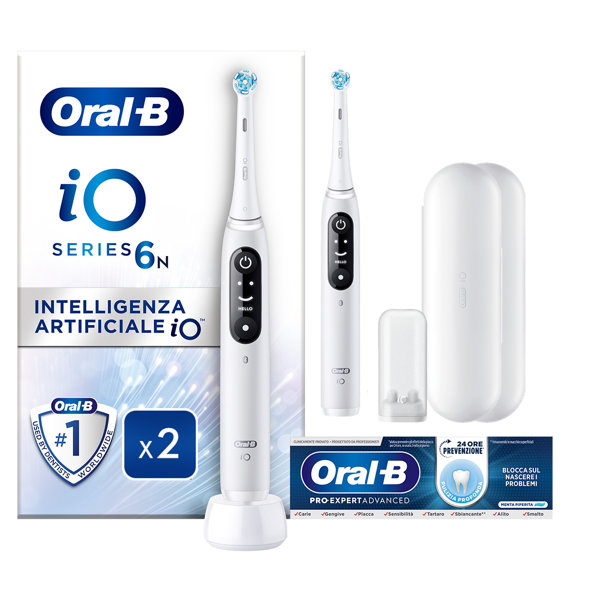 Oral-B Spazzolino Elettrico Duo Pack iO 6N Bianco, 4 Testine, 2 Custodie Da Viaggio + Oral-B Dentifricio Pro-Expert Advanced Pulizia Profonda (Prevenzione Per 24 Ore)