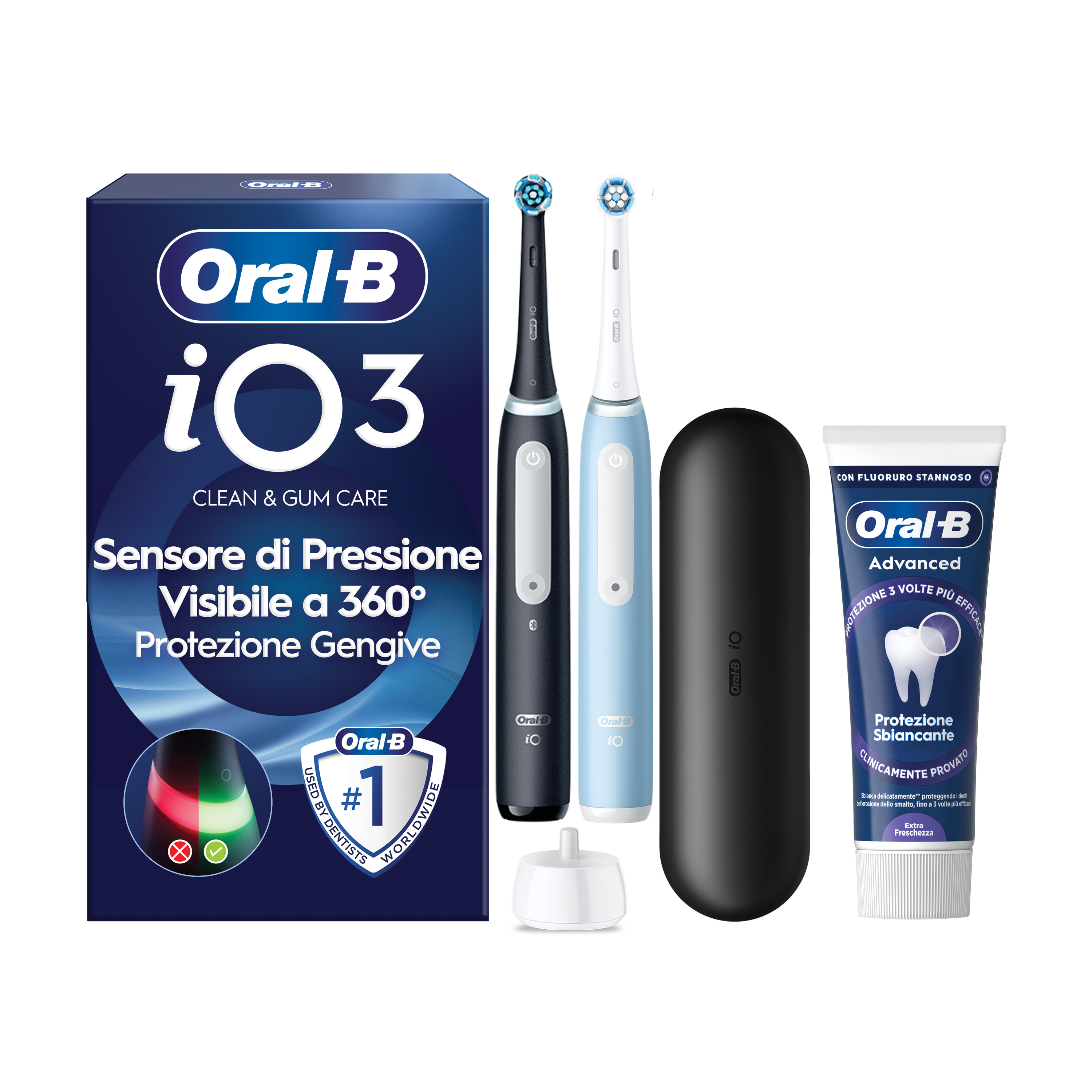 Oral-B Nero/Azzurro/Nere Io 3 Duo E 2 Testine, 1 Custodia Da Viaggio + 6 Testine Di Ricambio Io Ultimate Clean E Bianche + Dentifricio Advanced Prevenzione Tartaro - Immagine 15